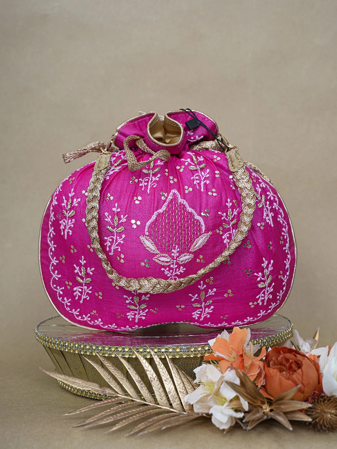 Ada Hand Embroidered Magenta Lucknowi Chikankari Potli Bag With Zari and Muqaish/Mukaish Work 01A626561
