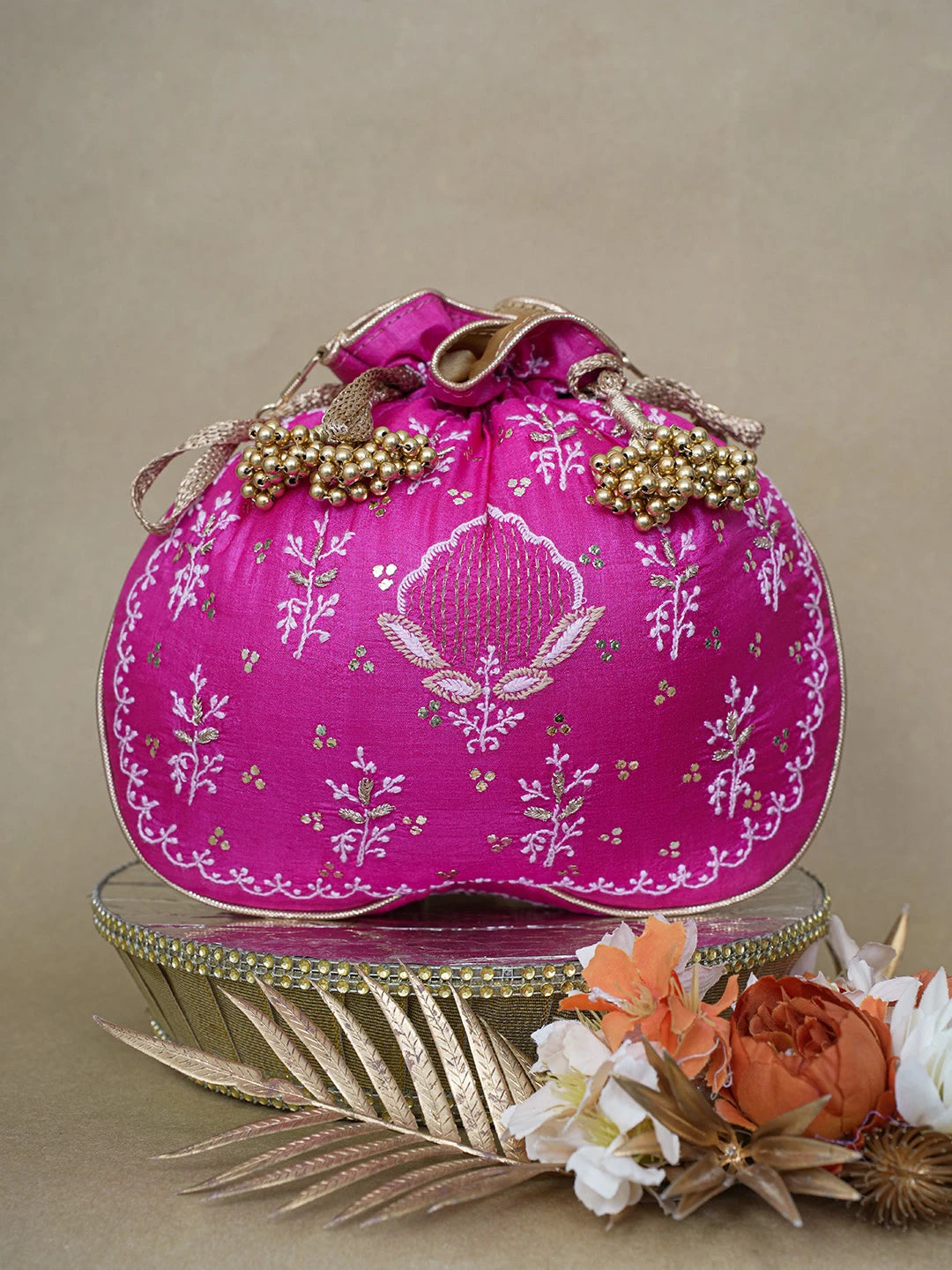 Ada Hand Embroidered Magenta Lucknowi Chikankari Potli Bag With Zari and Muqaish/Mukaish Work 01A626561