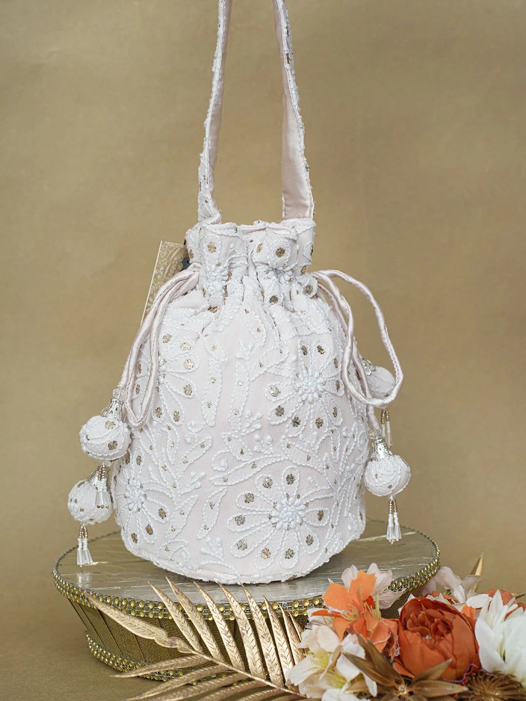 Ada Hand Embroidered Light Pink Pure Georgette Lucknowi Chikankari Potli Bag With Zari Work 01A628641