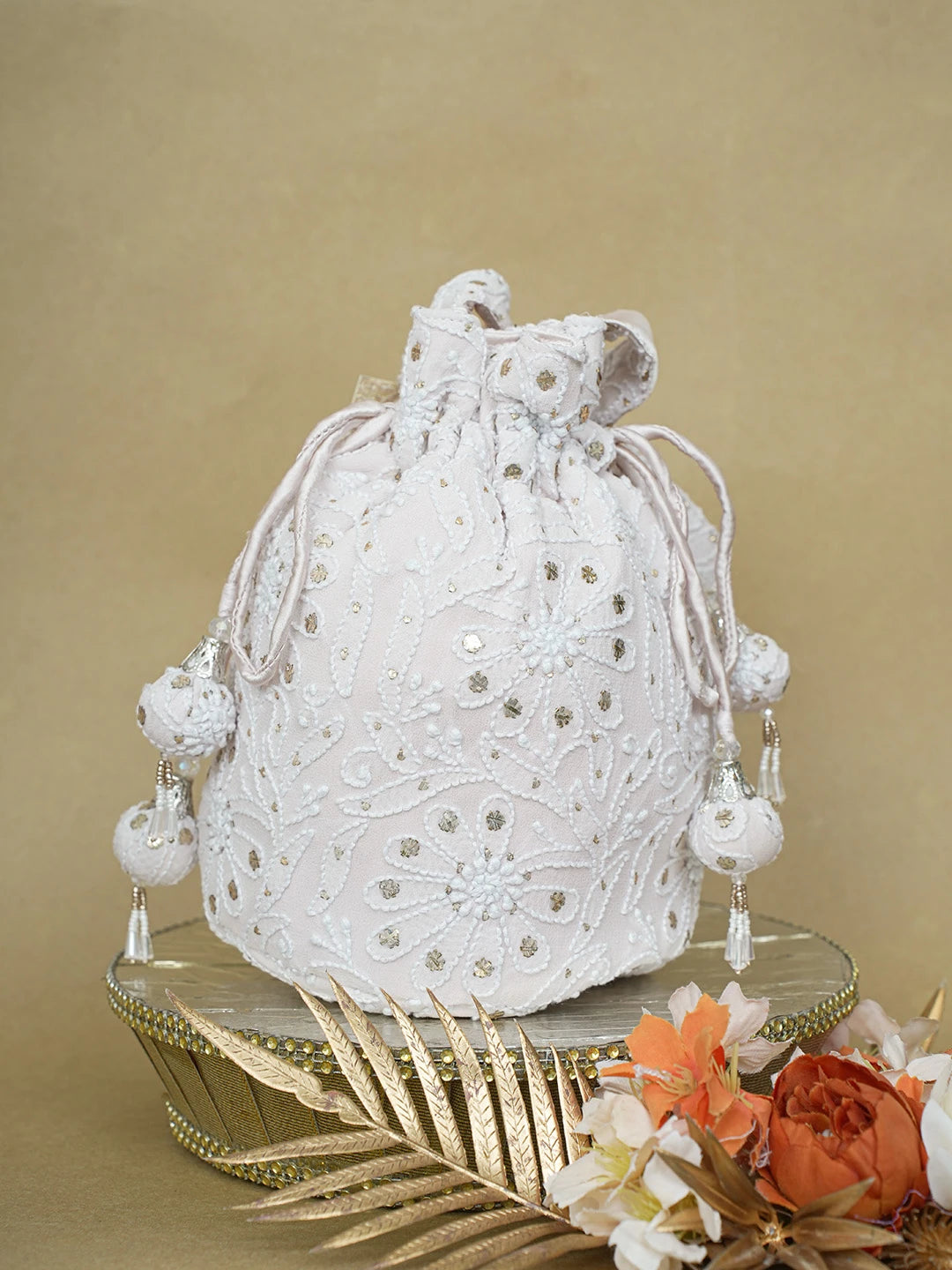 Ada Hand Embroidered Light Pink Pure Georgette Lucknowi Chikankari Potli Bag With Zari Work 01A628641