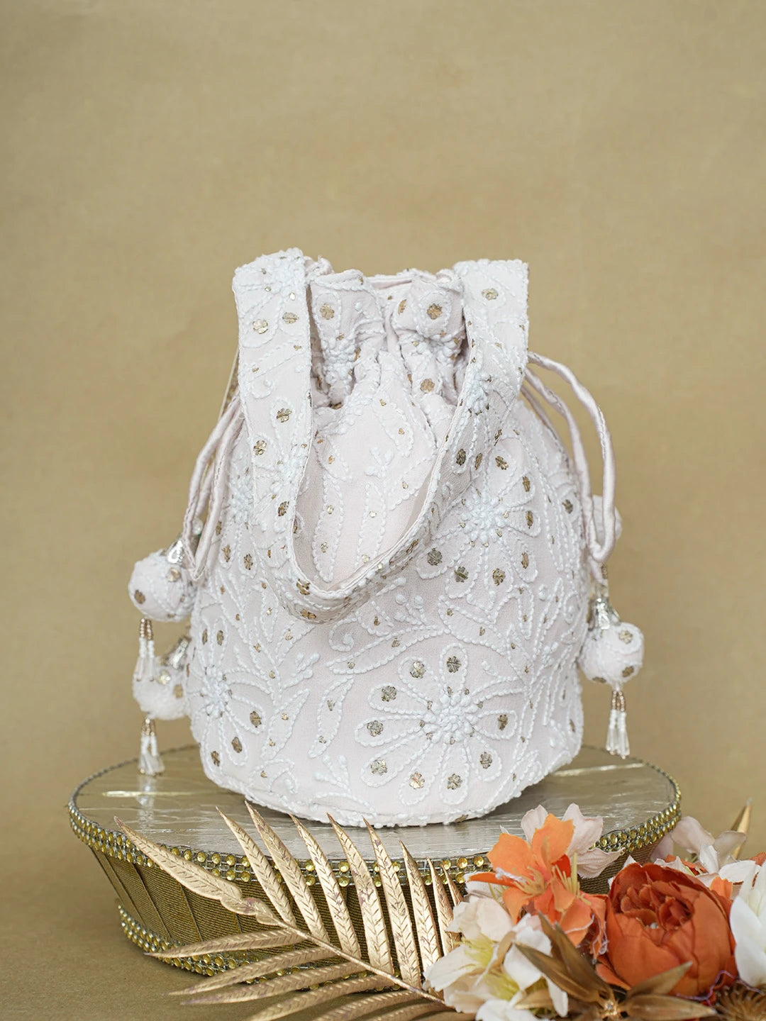 Ada Hand Embroidered Light Pink Pure Georgette Lucknowi Chikankari Potli Bag With Zari Work 01A628641