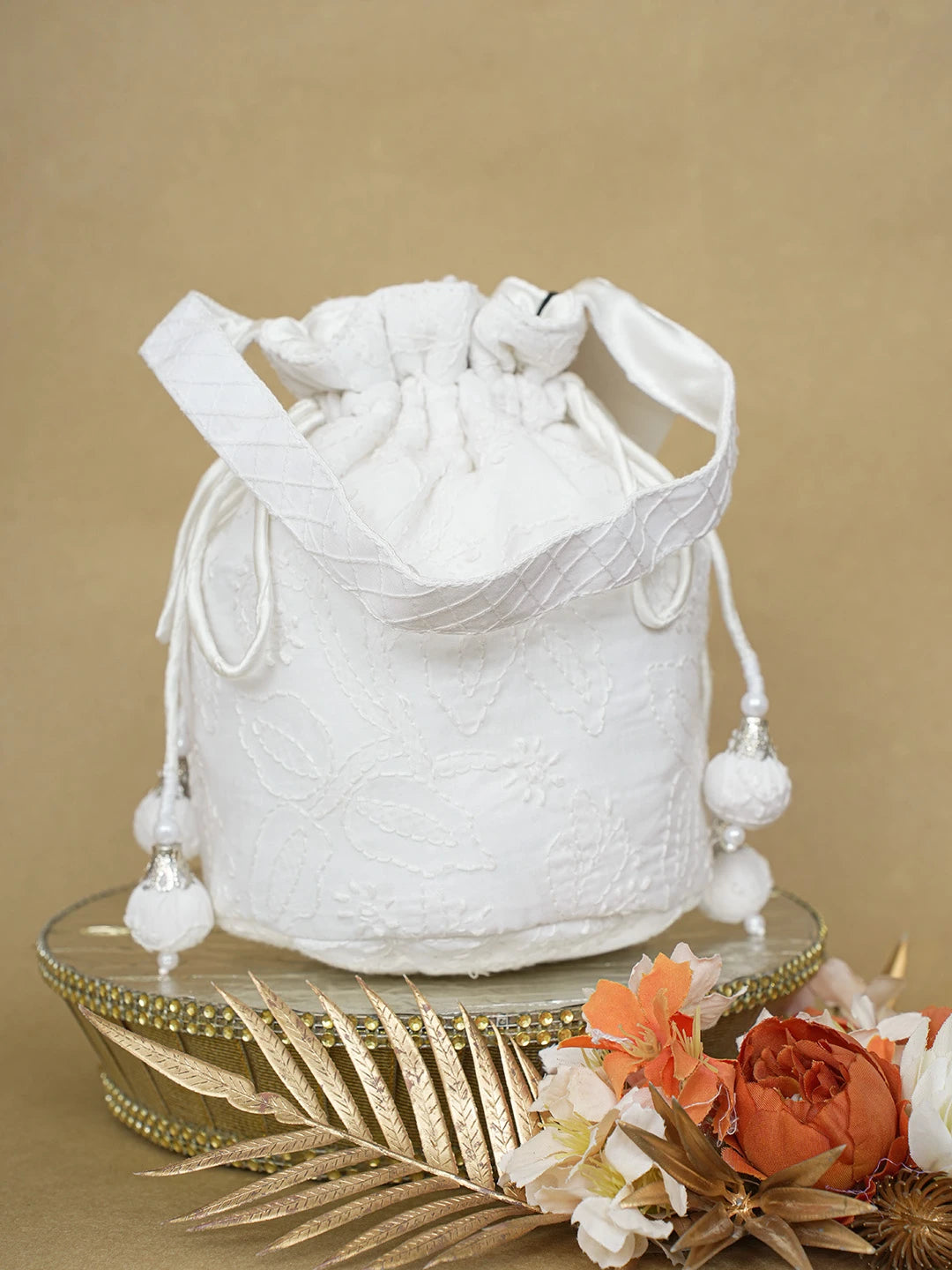 Ada Hand Embroidered White Cotton Lucknowi Chikankari Potli Bag 01A610069