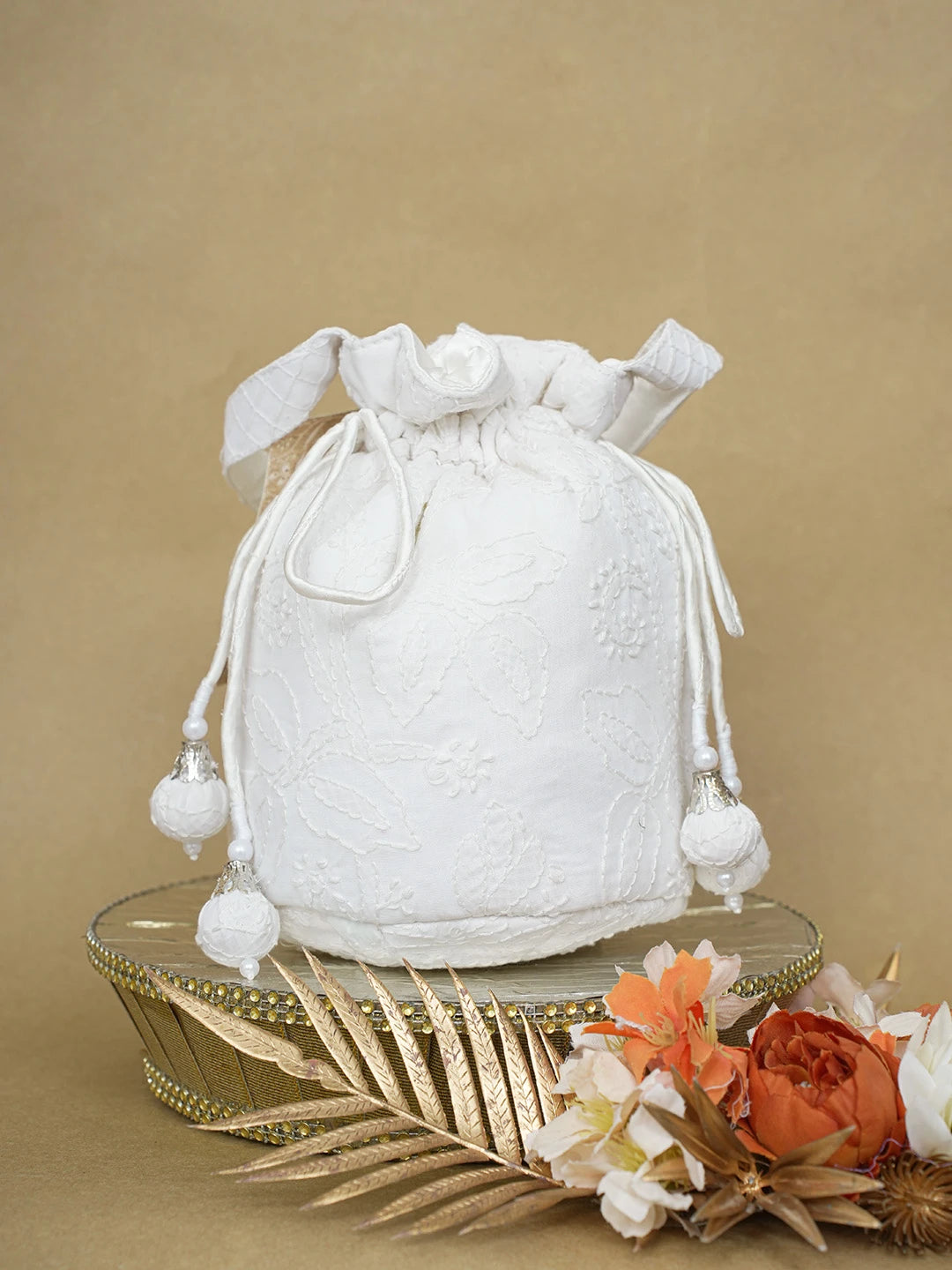Ada Hand Embroidered White Cotton Lucknowi Chikankari Potli Bag 01A610069