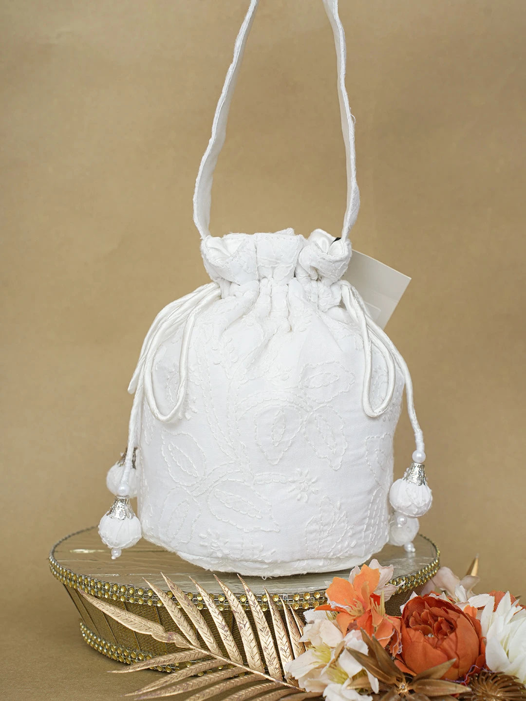 Ada Hand Embroidered White Cotton Lucknowi Chikankari Potli Bag 01A610069