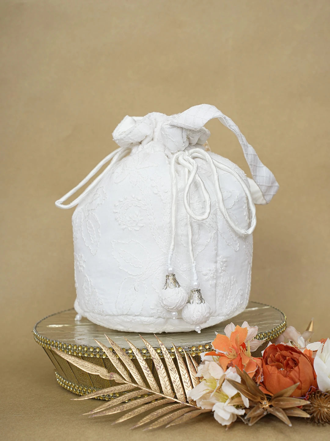 Ada Hand Embroidered White Cotton Lucknowi Chikankari Potli Bag 01A610069