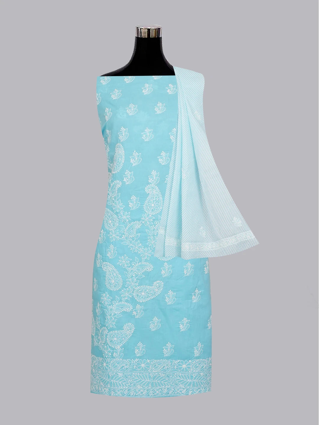 Ada Hand Embroidered Blue Cotton Lucknowi Chikankari Unstitched Suit Piece 01A628082