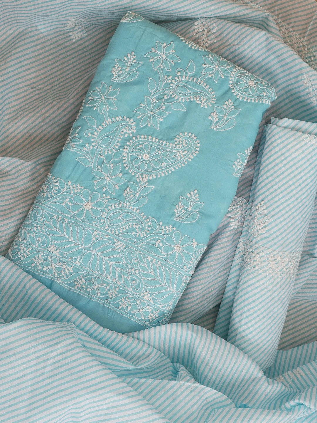 Ada Hand Embroidered Blue Cotton Lucknowi Chikankari Unstitched Suit Piece 01A628082