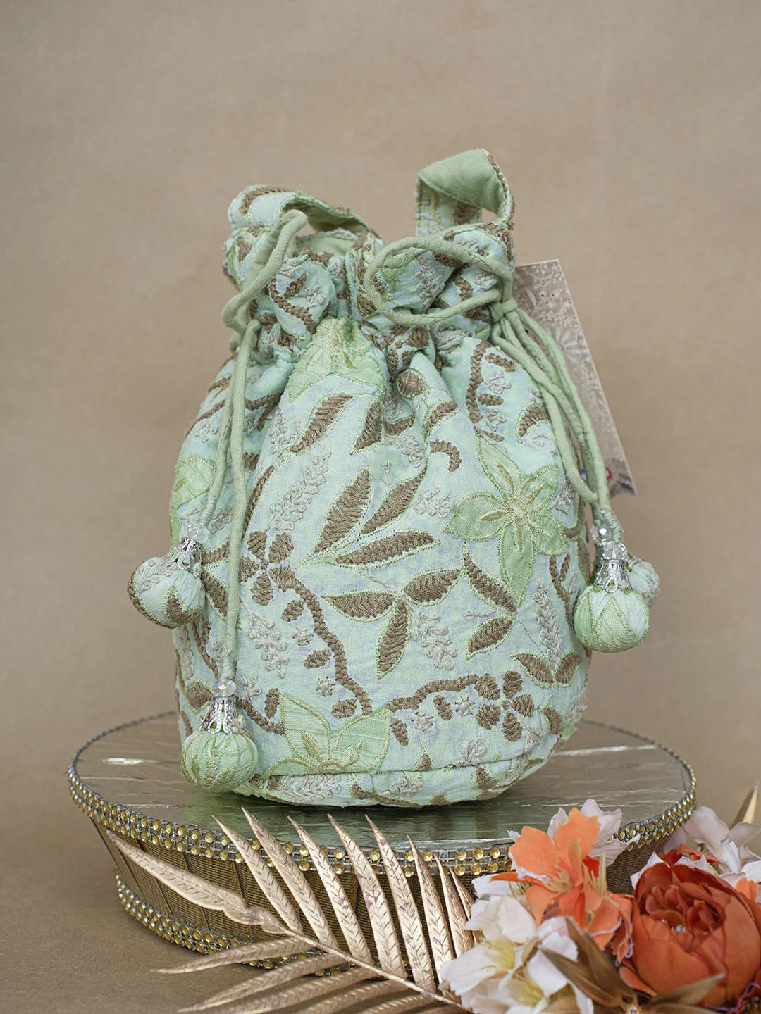 Ada Hand Embroidered Celedon Green Cotton Lucknowi Chikankari Potli Bag 01A628254