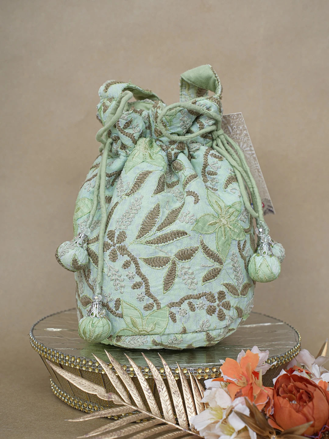 Ada Hand Embroidered Celedon Green Cotton Lucknowi Chikankari Potli Bag 01A628254