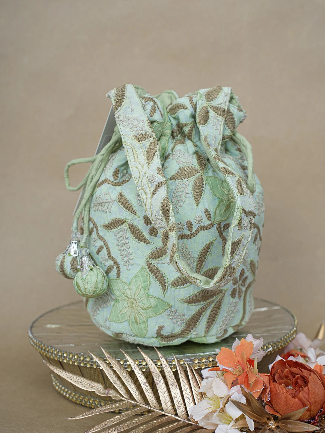 Ada Hand Embroidered Celedon Green Cotton Lucknowi Chikankari Potli Bag 01A628254