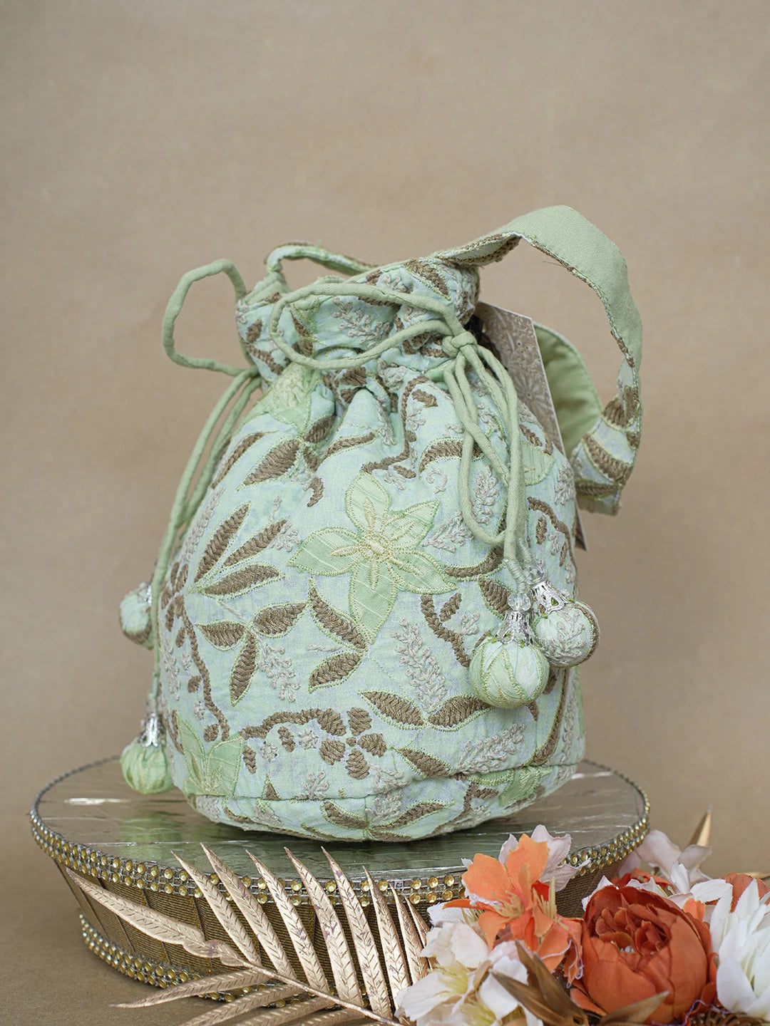 Ada Hand Embroidered Celedon Green Cotton Lucknowi Chikankari Potli Bag 01A628254