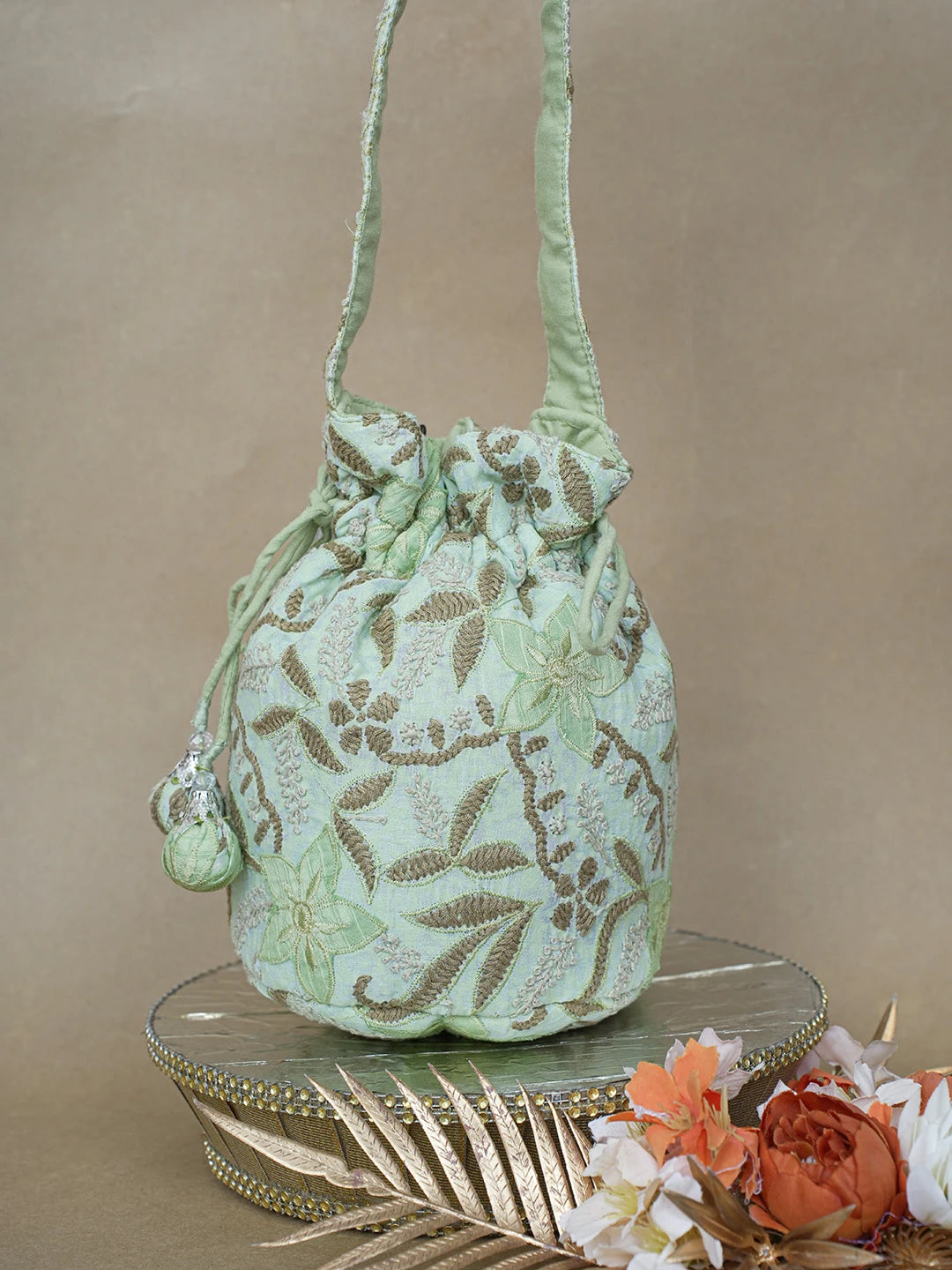Ada Hand Embroidered Celedon Green Cotton Lucknowi Chikankari Potli Bag 01A628254