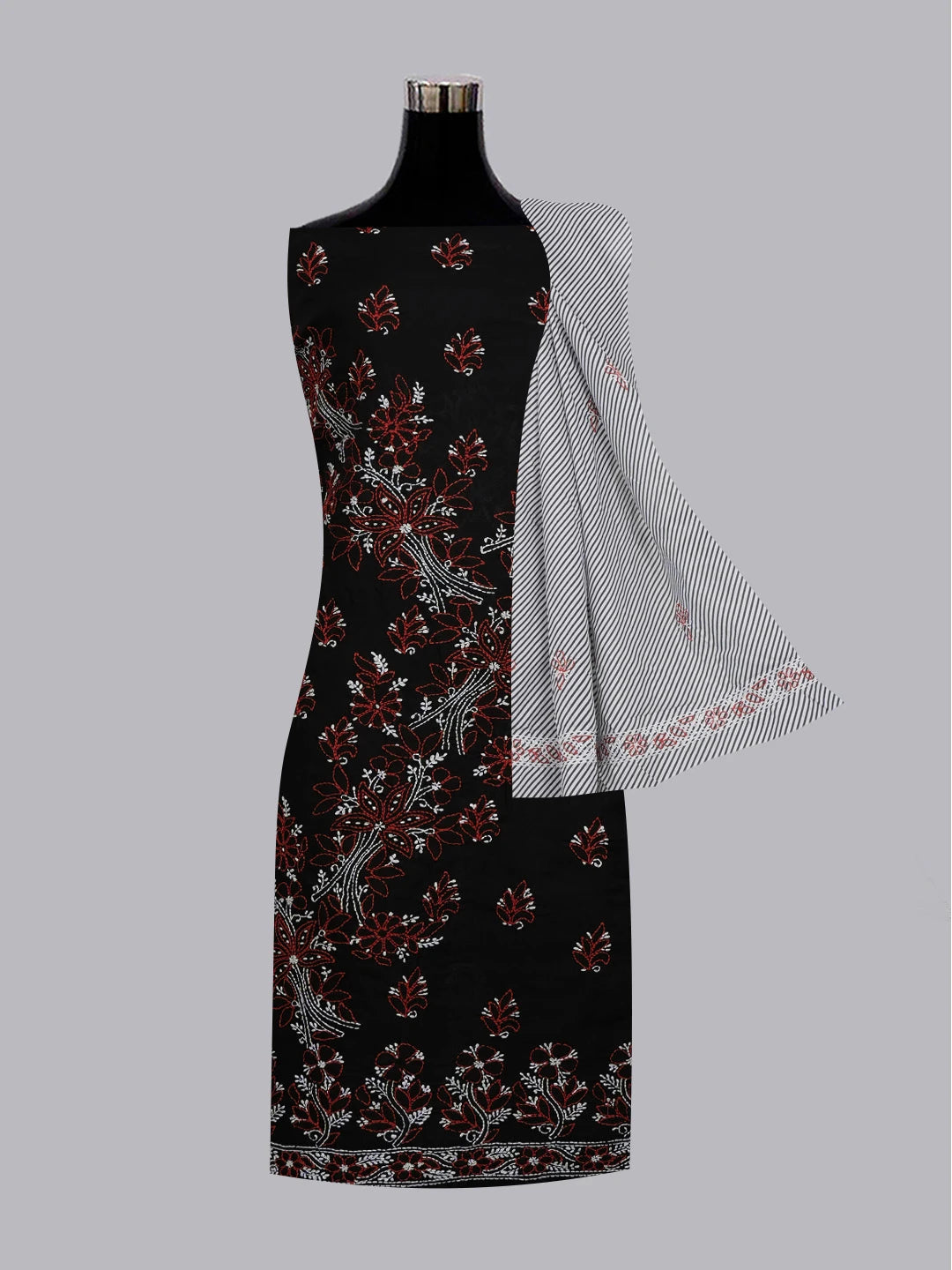 Ada Hand Embroidered Black Cotton Lucknowi Chikankari Unstitched Suit Piece 01A628077