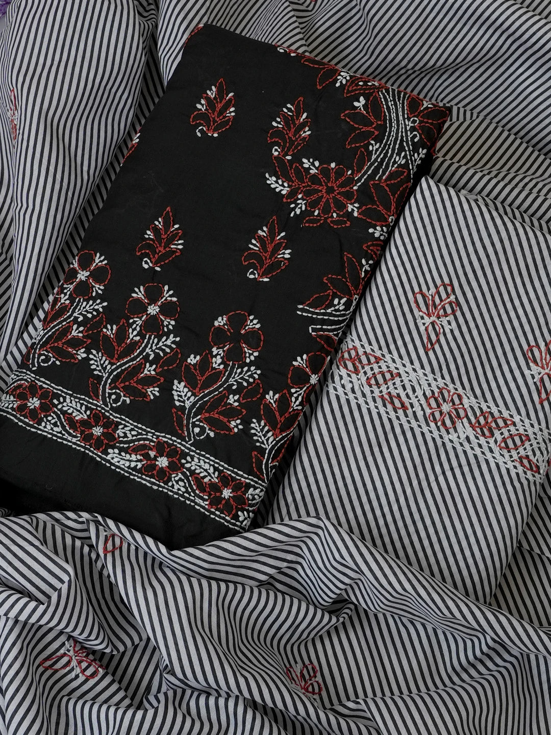 Ada Hand Embroidered Black Cotton Lucknowi Chikankari Unstitched Suit Piece 01A628077