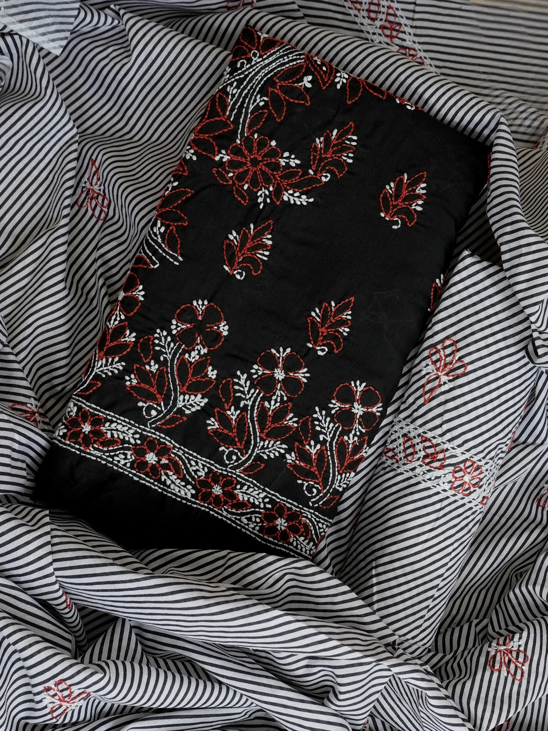 Ada Hand Embroidered Black Cotton Lucknowi Chikankari Unstitched Suit Piece 01A628077