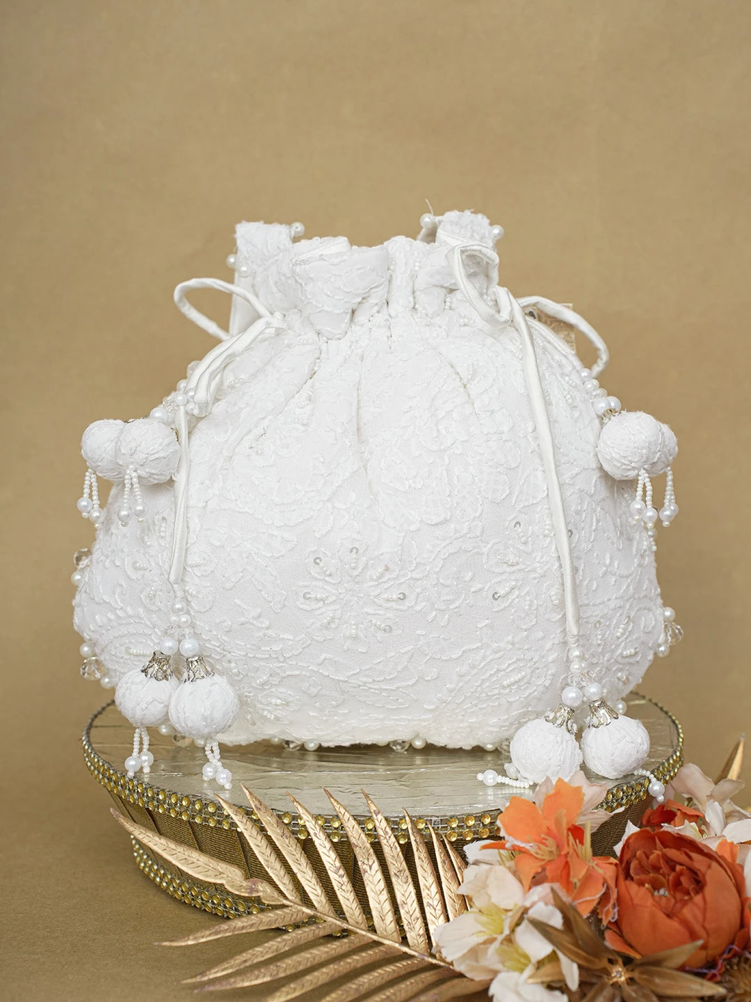 Ada Hand Embroidered White Pure Georgette Lucknowi Chikankari Potli Bag With Pearl Work 01A628637