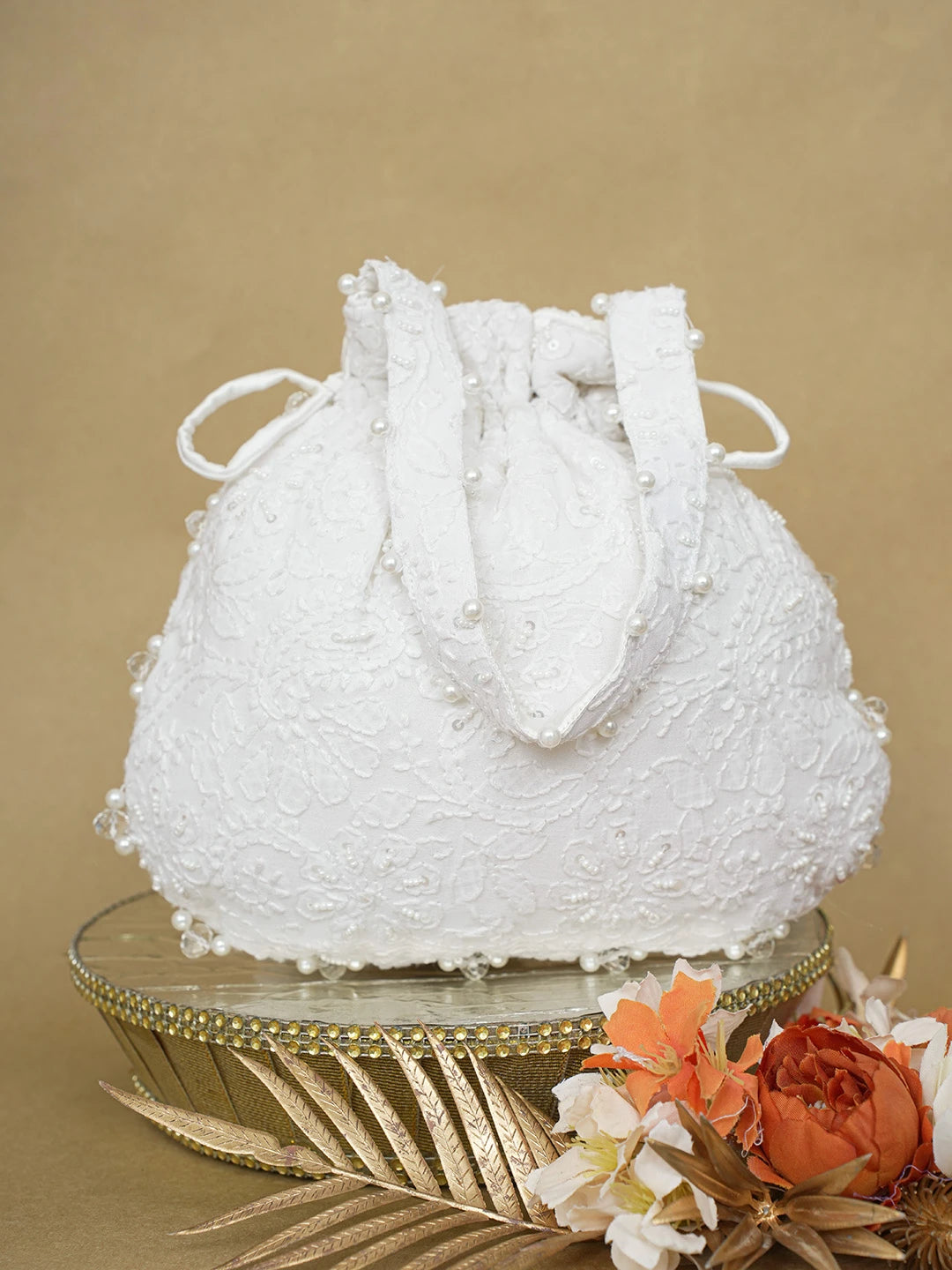 Ada Hand Embroidered White Pure Georgette Lucknowi Chikankari Potli Bag With Pearl Work 01A628637