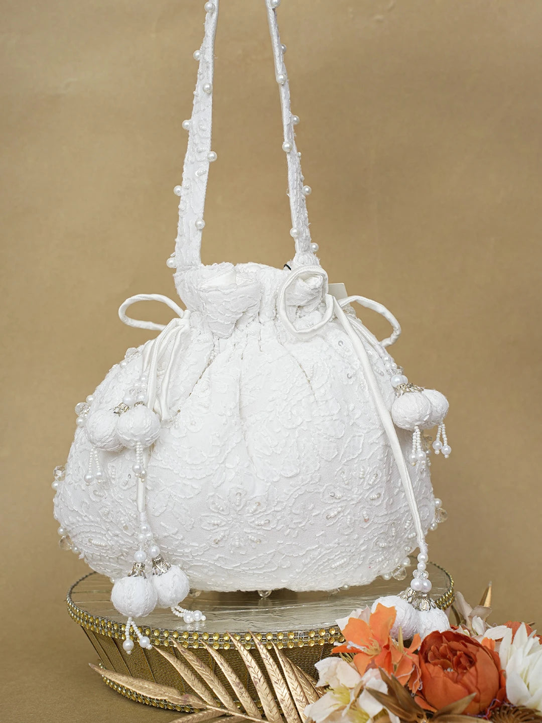 Ada Hand Embroidered White Pure Georgette Lucknowi Chikankari Potli Bag With Pearl Work 01A628637