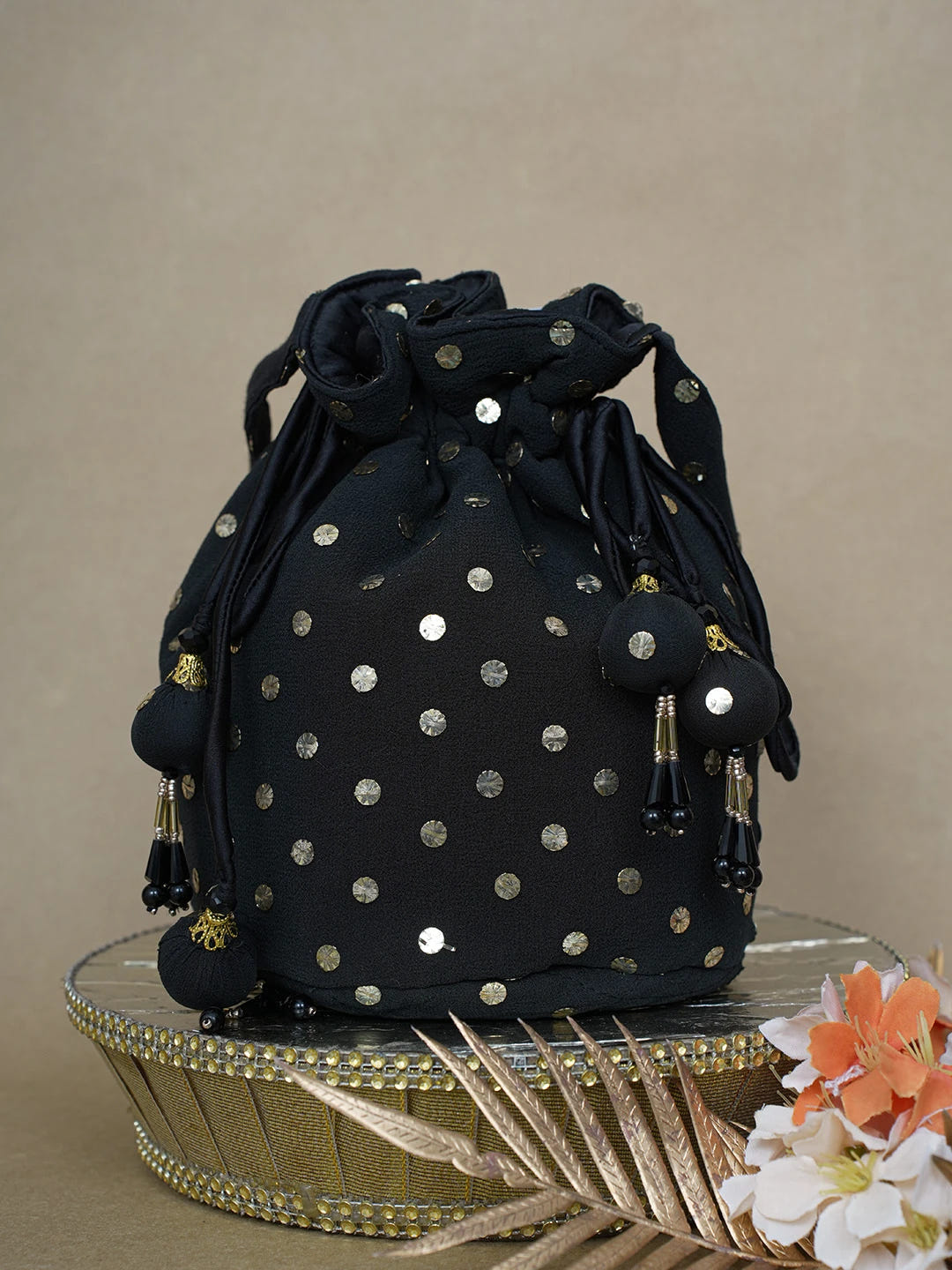 Ada Black Pure Georgette Potli Bag With Muqaish Work 01A580843