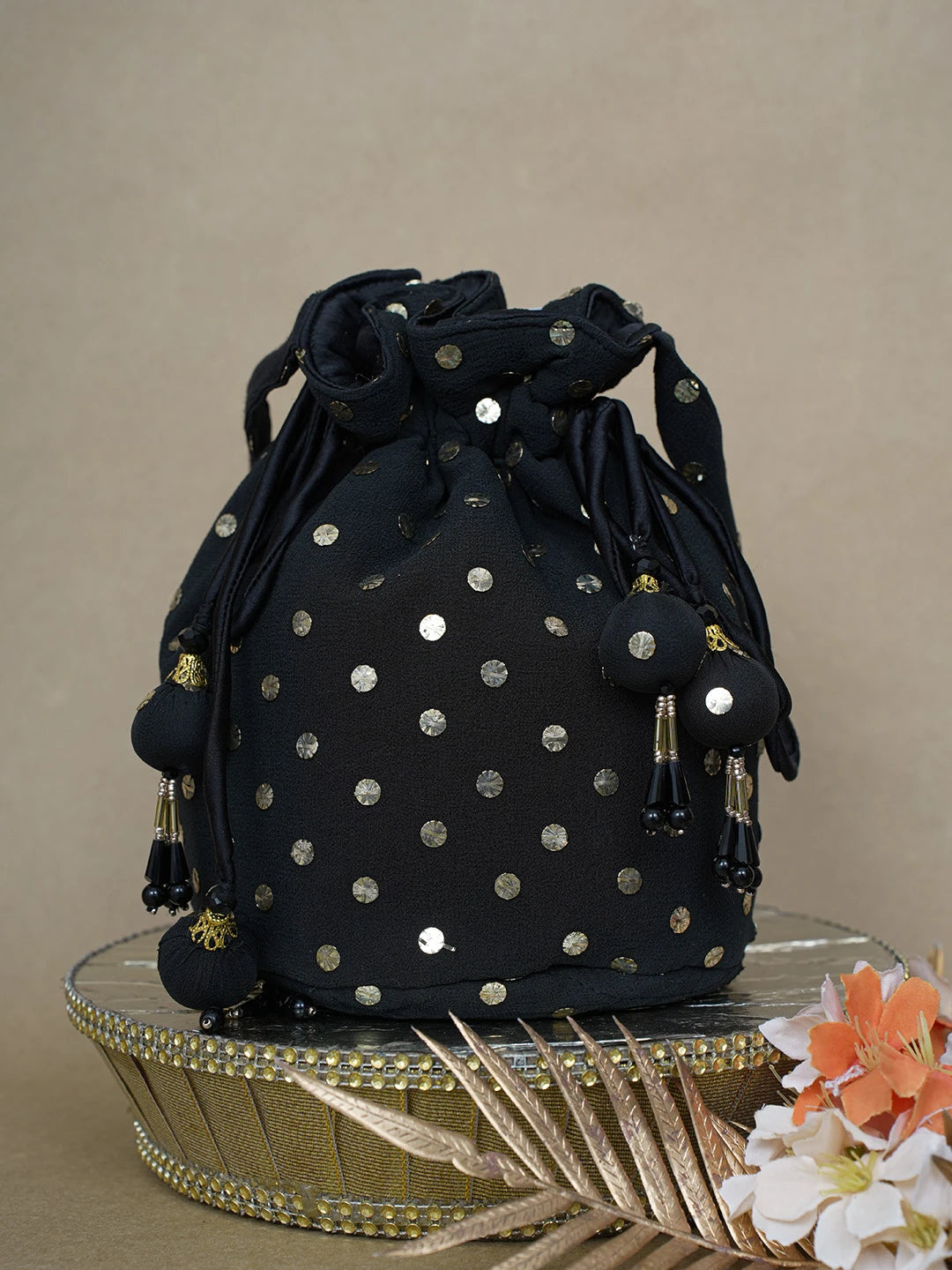 Ada Black Pure Georgette Potli Bag With Muqaish Work 01A580843