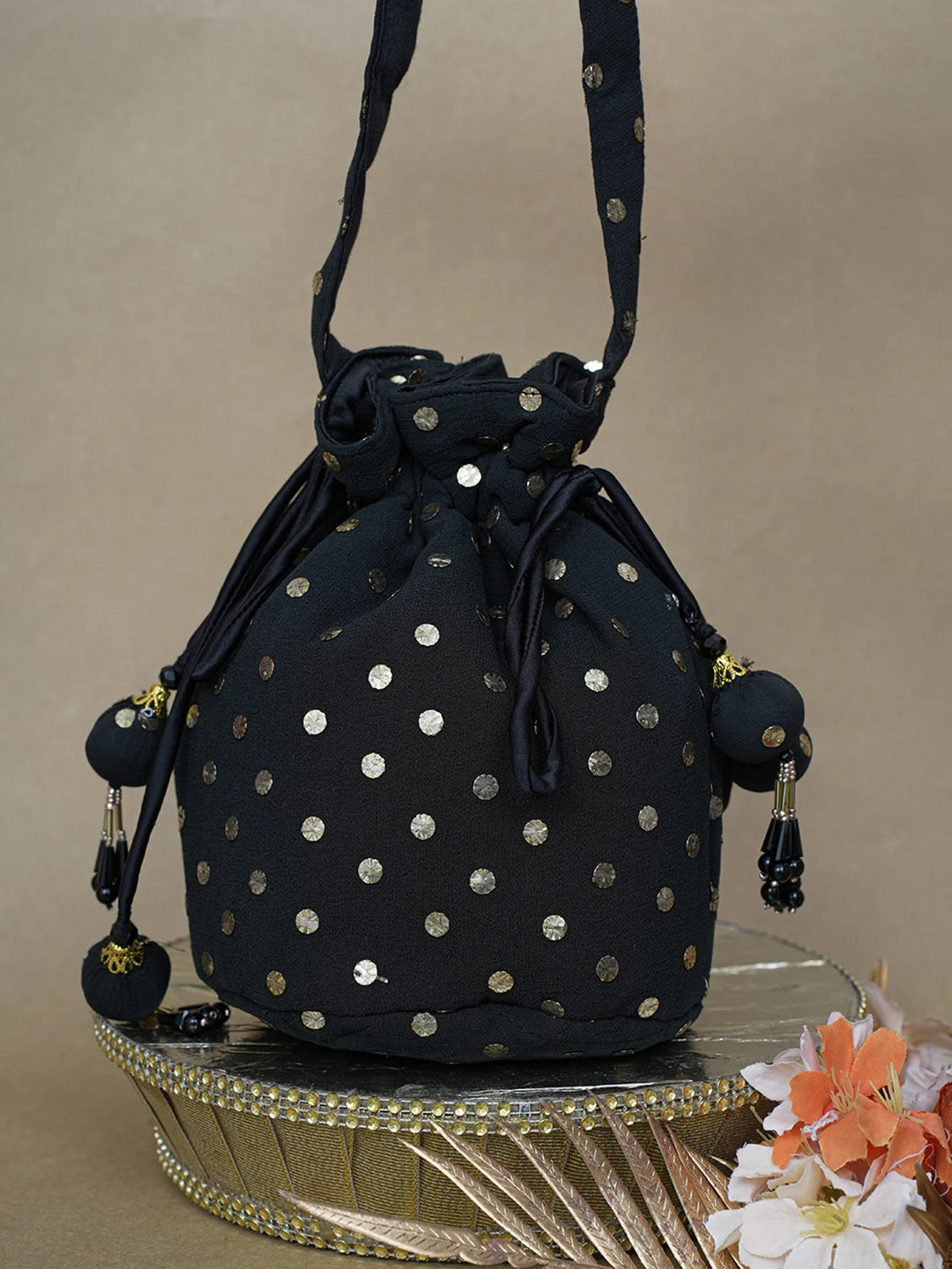 Ada Black Pure Georgette Potli Bag With Muqaish Work 01A580843
