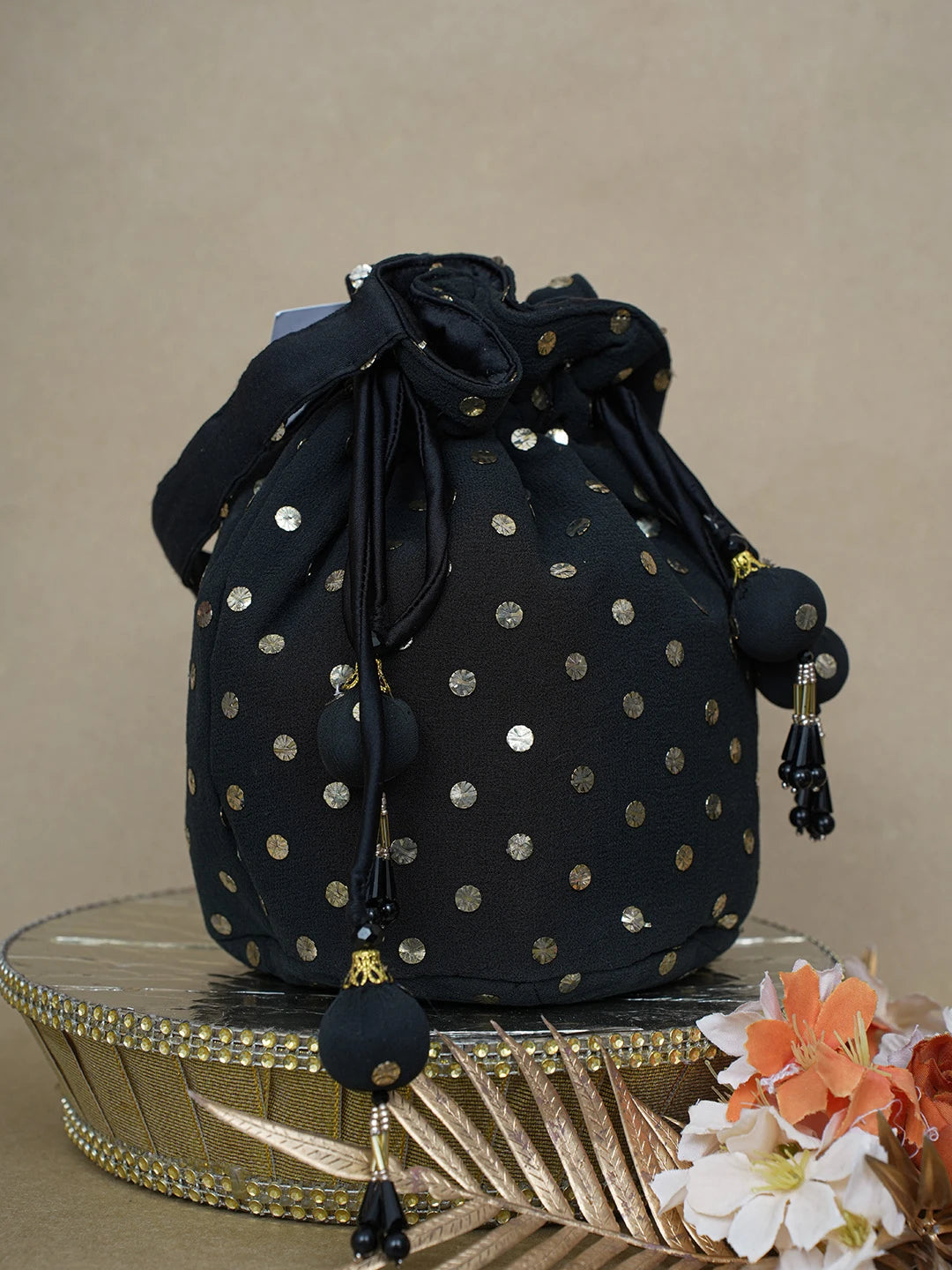 Ada Black Pure Georgette Potli Bag With Muqaish Work 01A580843