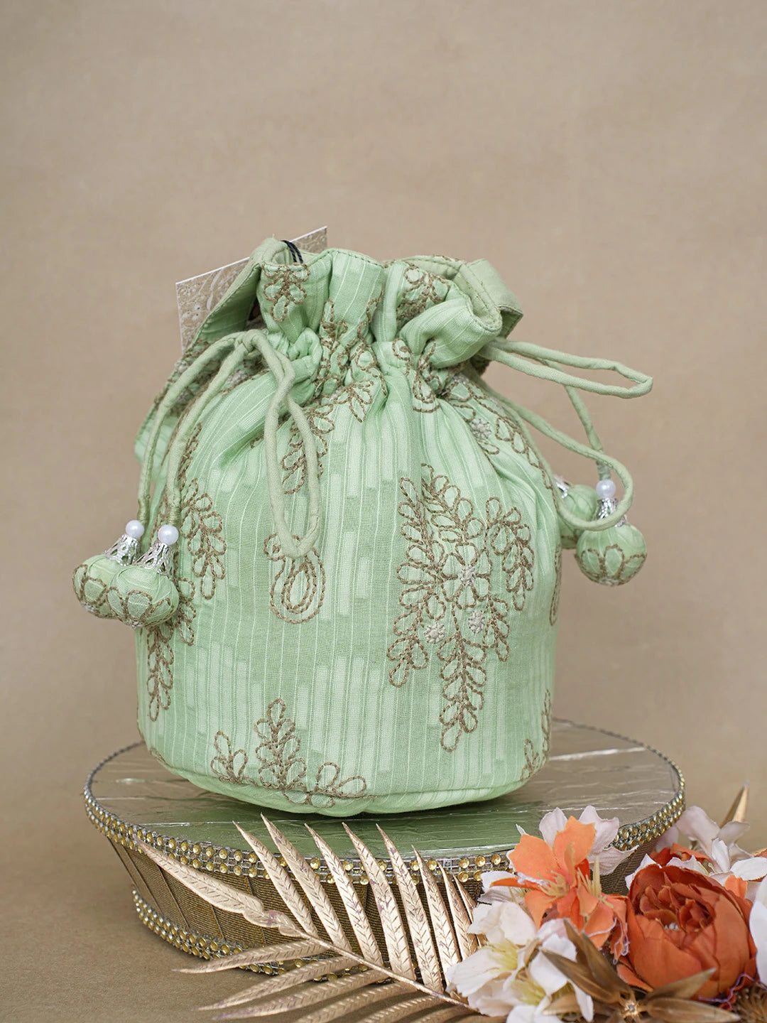Ada Hand Embroidered Mantis Green Cotton Lucknowi Chikankari Potli Bag 01A621247