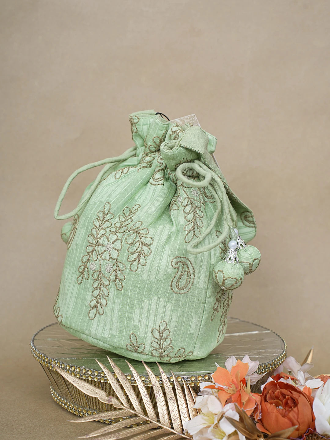 Ada Hand Embroidered Mantis Green Cotton Lucknowi Chikankari Potli Bag 01A621247