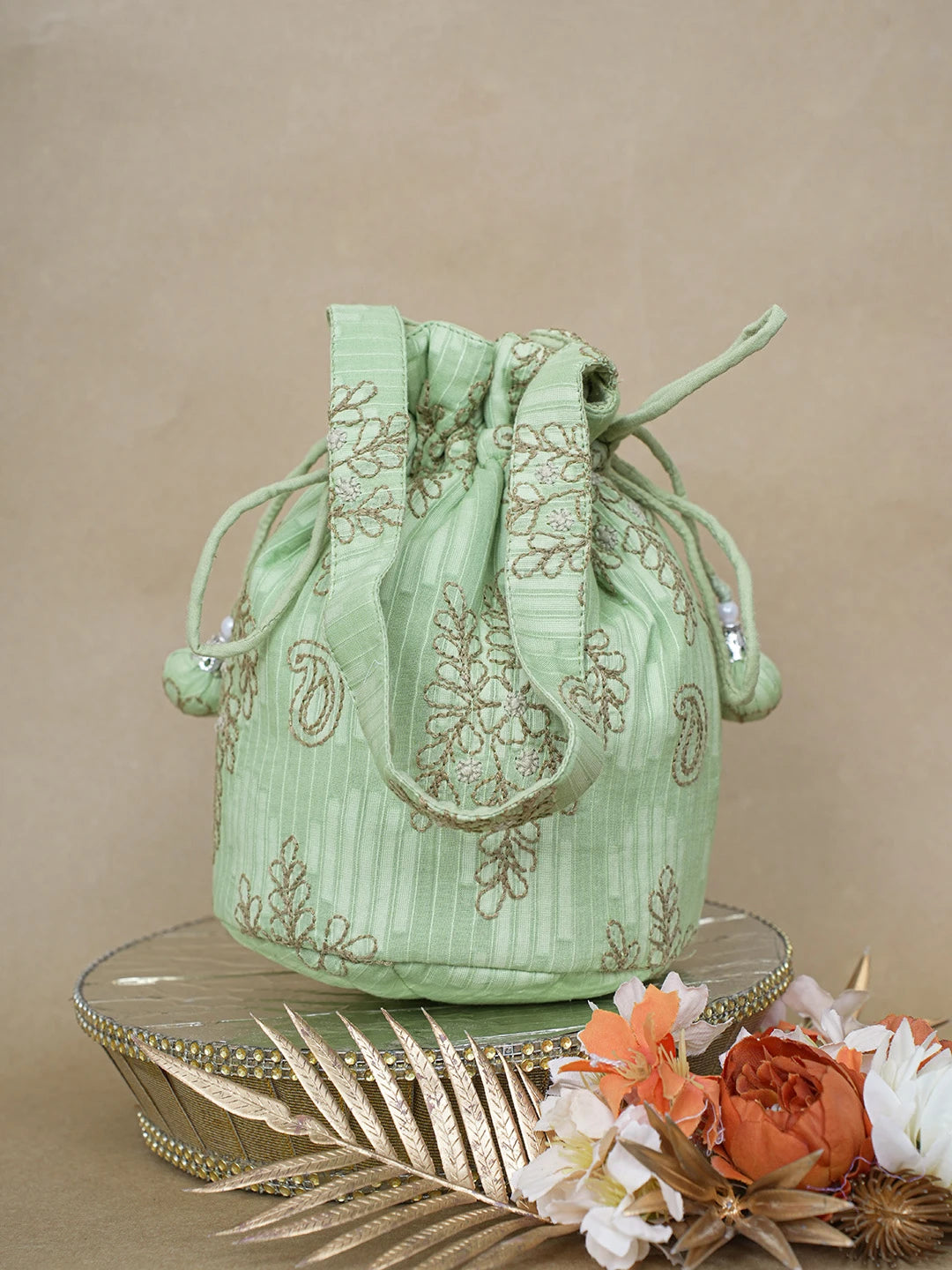 Ada Hand Embroidered Mantis Green Cotton Lucknowi Chikankari Potli Bag 01A621247