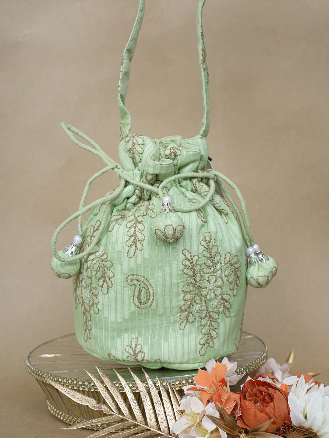 Ada Hand Embroidered Mantis Green Cotton Lucknowi Chikankari Potli Bag 01A621247