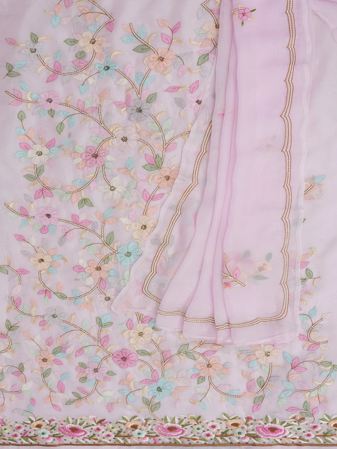 Ada Hand Embroidered Pink Organza Lucknowi Chikankari Unstitched Kurta Dupatta Set With Pearl Work 01A564767