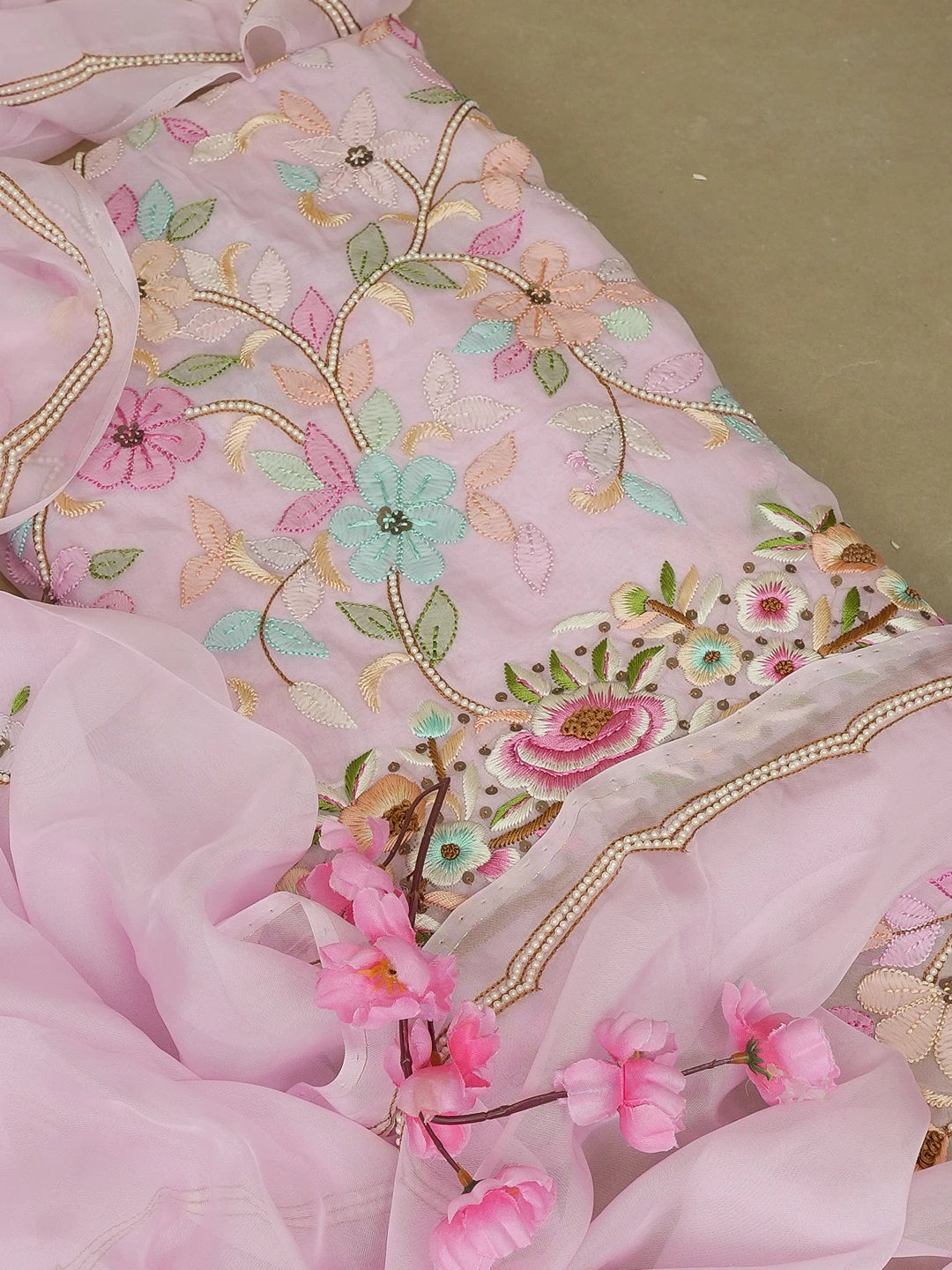 Ada Hand Embroidered Pink Organza Lucknowi Chikankari Unstitched Kurta Dupatta Set With Pearl Work 01A564767