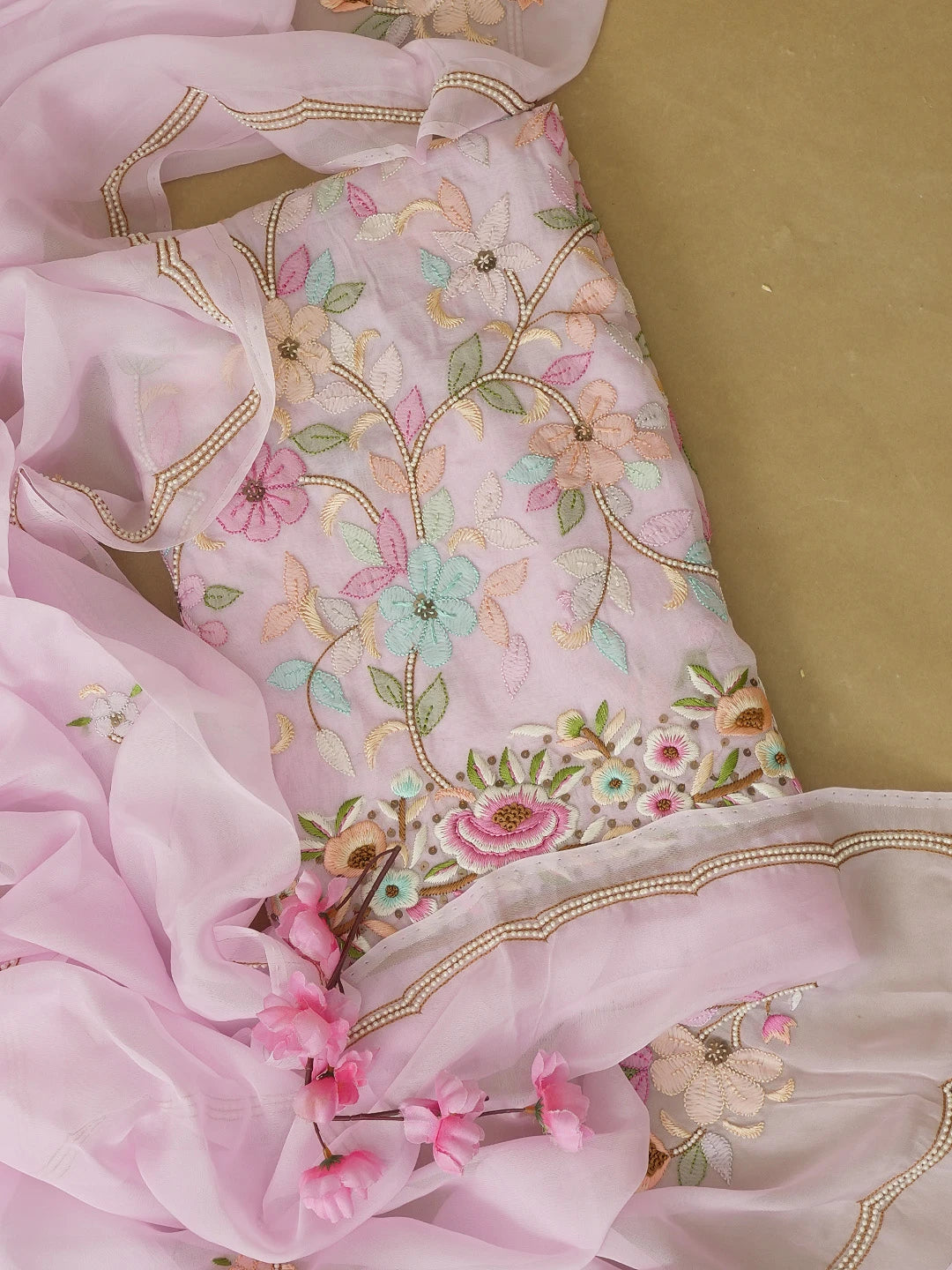 Ada Hand Embroidered Pink Organza Lucknowi Chikankari Unstitched Kurta Dupatta Set With Pearl Work 01A564767