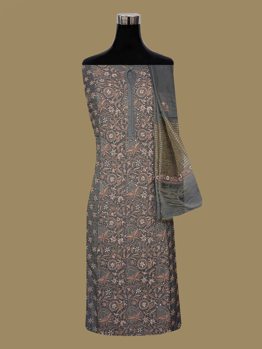 Ada Hand Embroidered Grey Tissue Lucknowi Chikankari Unstitched Kurta Dupatta Set With Pearl Work 01A605872