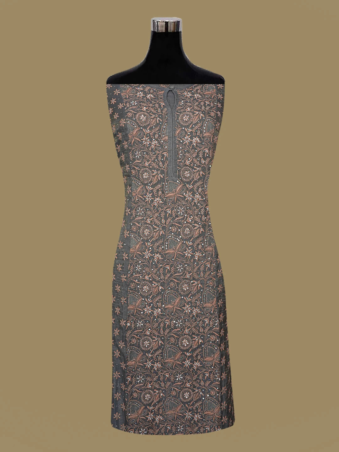 Ada Hand Embroidered Grey Tissue Lucknowi Chikankari Unstitched Kurta Dupatta Set With Pearl Work 01A605872