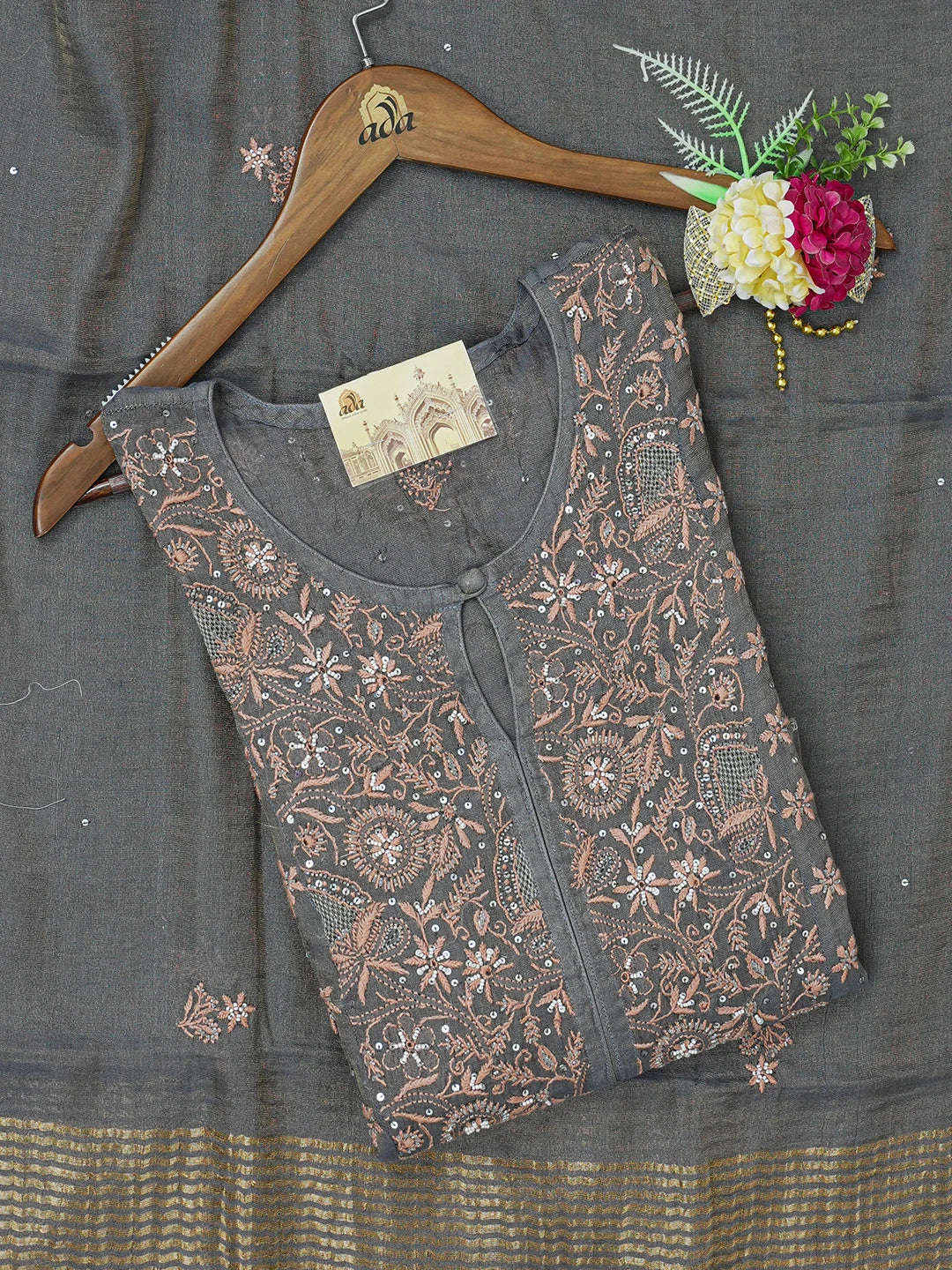Ada Hand Embroidered Grey Tissue Lucknowi Chikankari Unstitched Kurta Dupatta Set With Pearl Work 01A605872