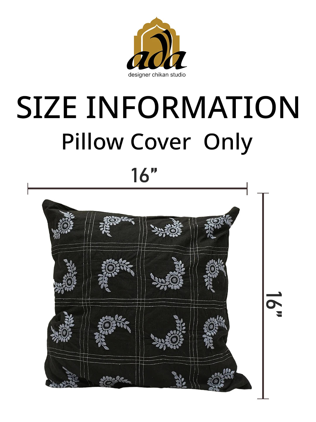 Ada Hand Embroidered Black Cotton Lucknowi Chikankari Cushion Cover With Zari Work 01A452347