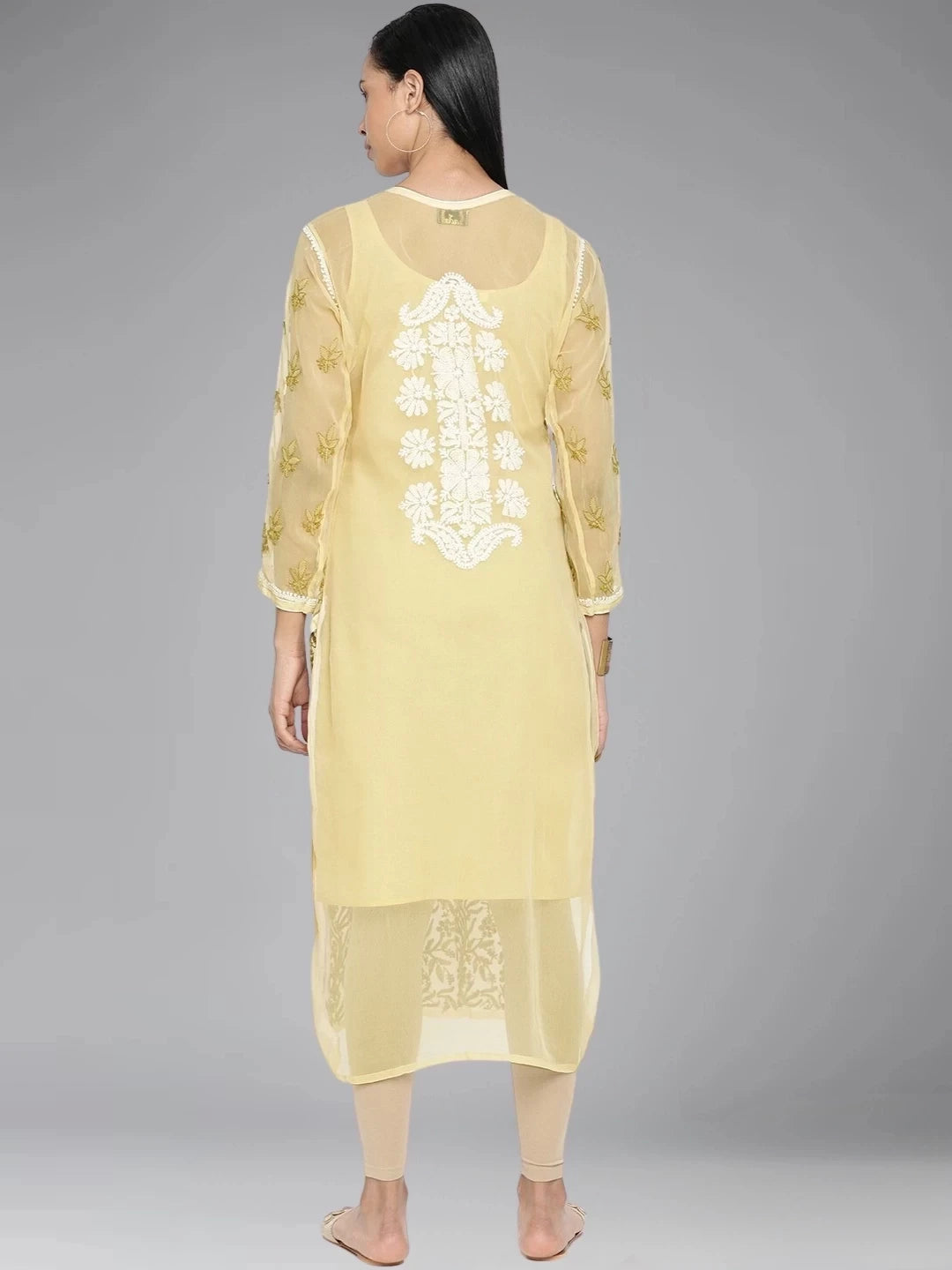 Ada Hand Embroidered Fawn Georgette Lucknowi Chikankari Straight Kurta With Slip A217597