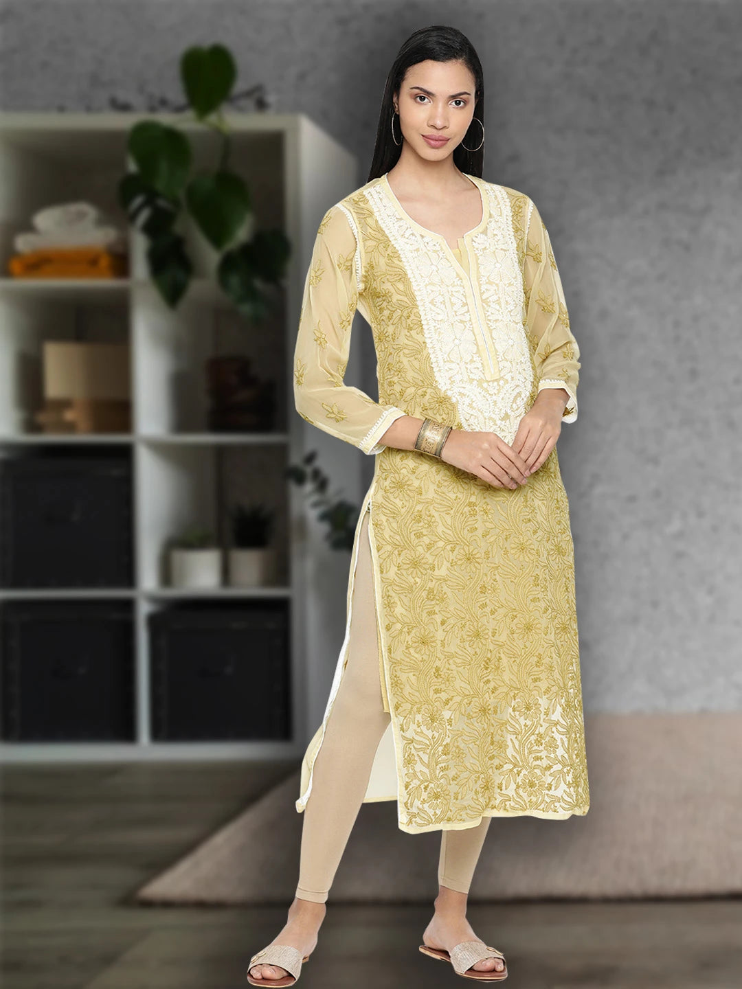 Ada Hand Embroidered Fawn Georgette Lucknowi Chikankari Straight Kurta With Slip A217597