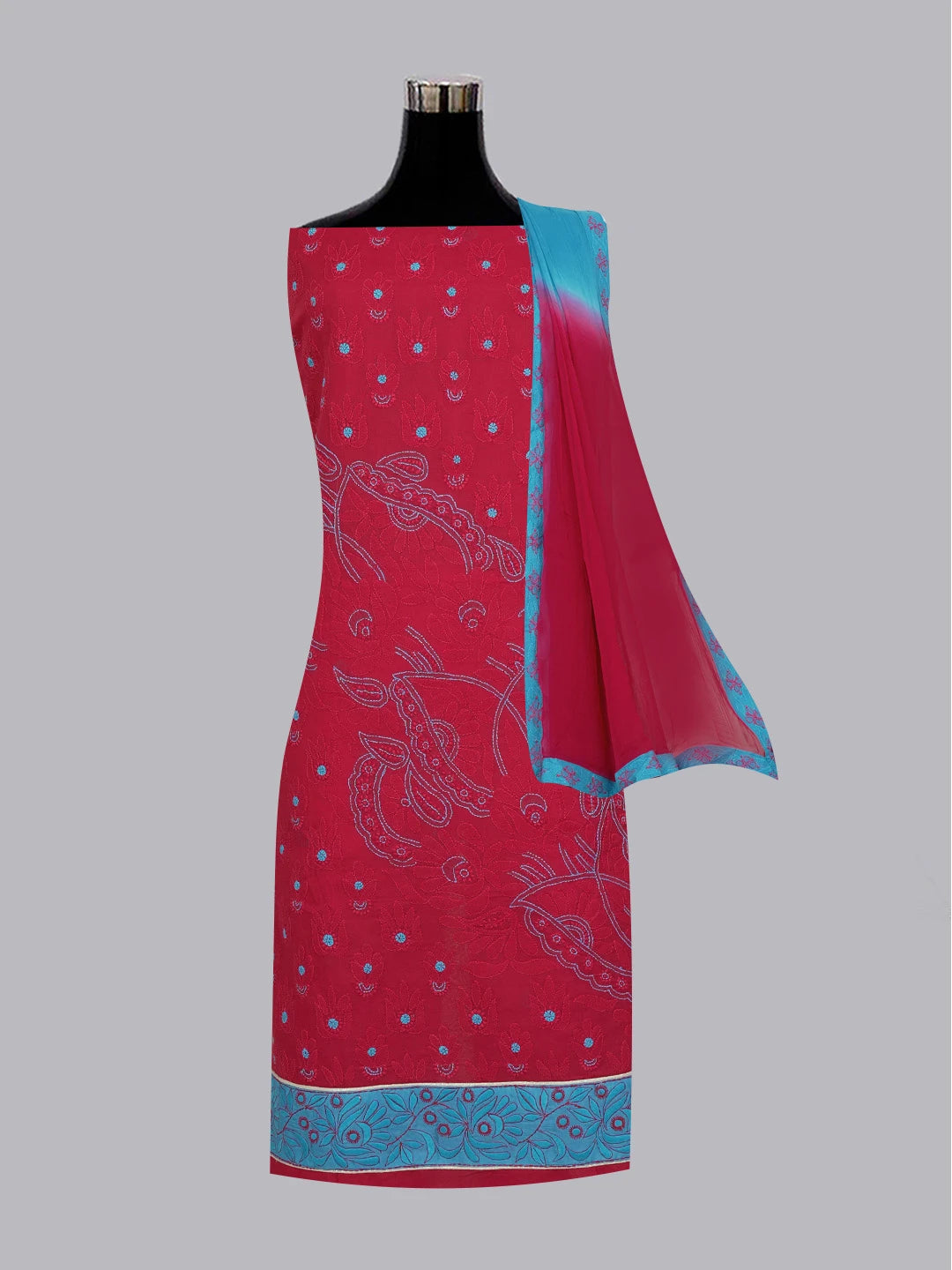 Ada Hand Embroidered Magenta Cotton Lucknowi Chikankari Unstitched Suit Piece 01A390481
