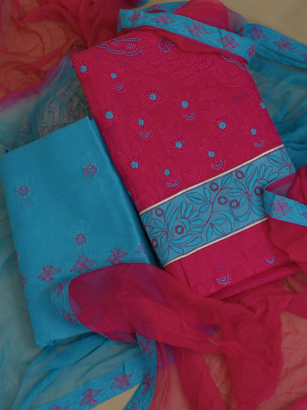 Ada Hand Embroidered Magenta Cotton Lucknowi Chikankari Unstitched Suit Piece 01A390481