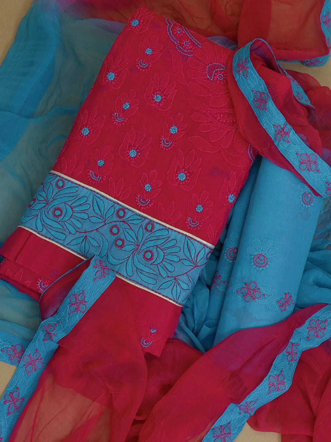 Ada Hand Embroidered Magenta Cotton Lucknowi Chikankari Unstitched Suit Piece 01A390481