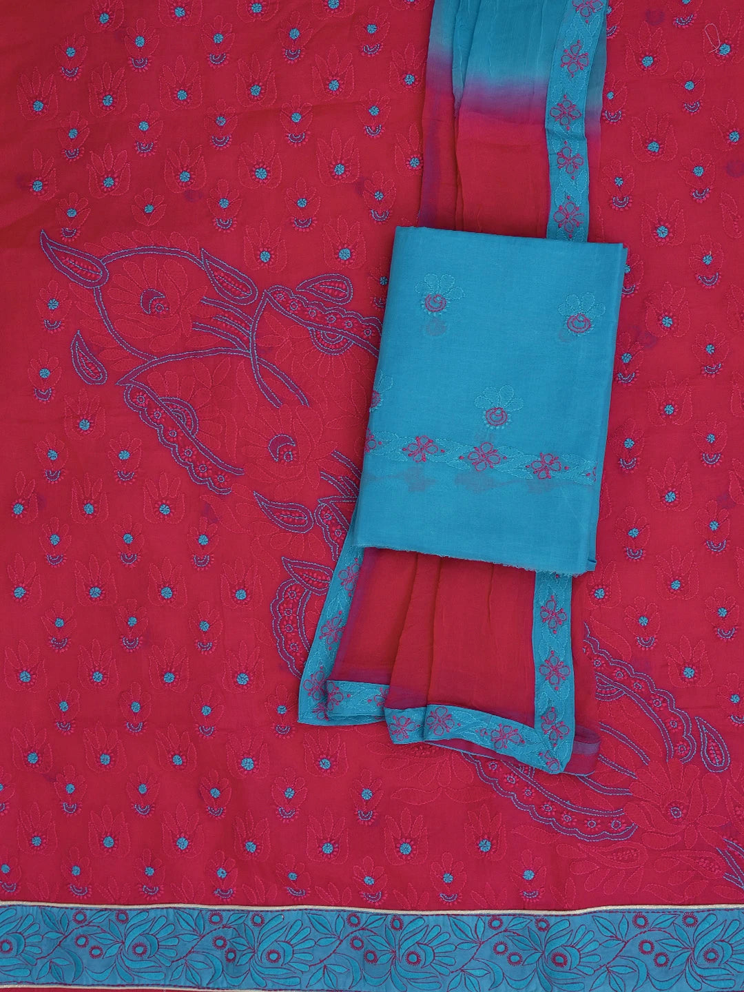 Ada Hand Embroidered Magenta Cotton Lucknowi Chikankari Unstitched Suit Piece 01A390481