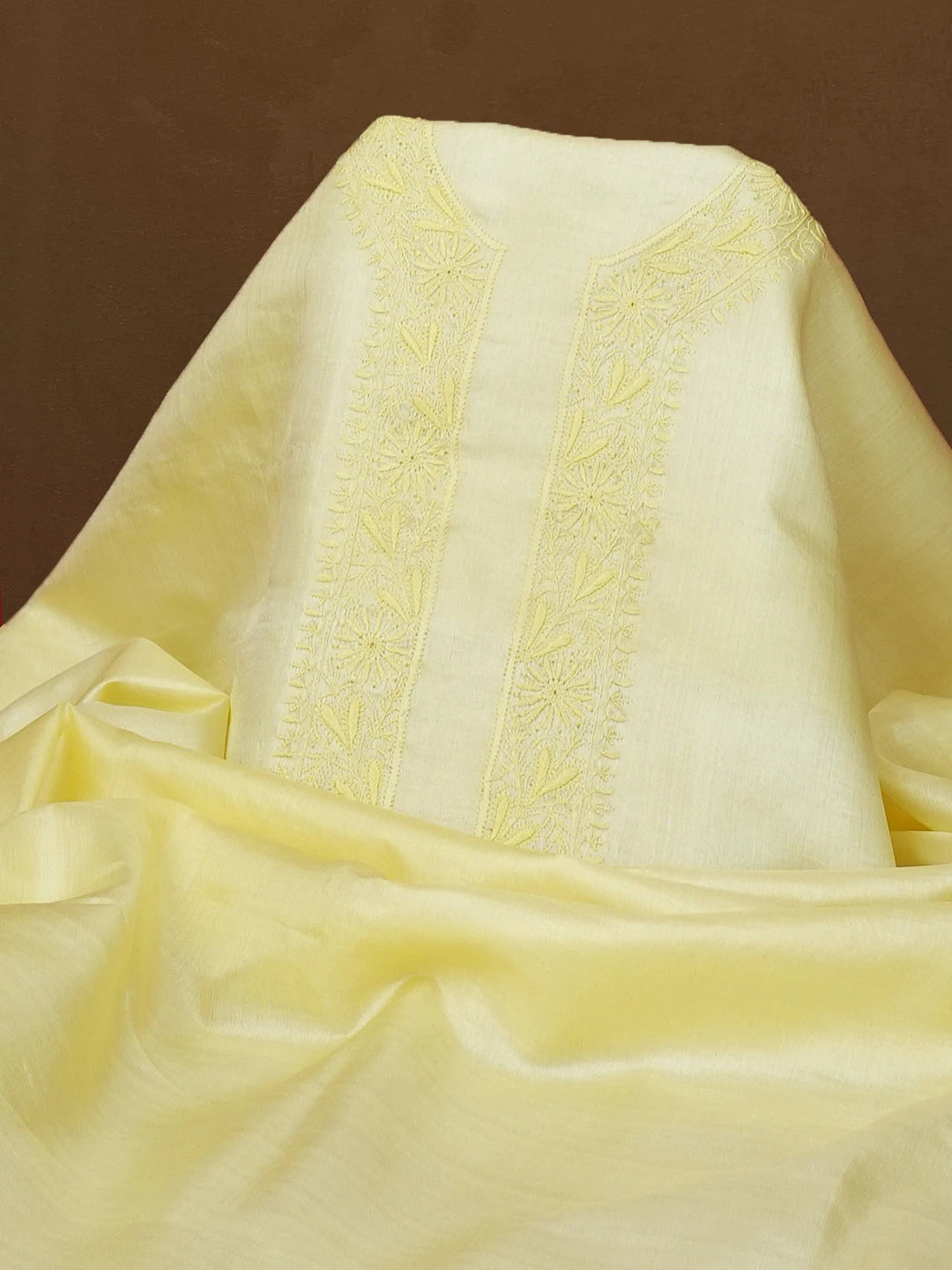 Ada Hand Embroidered Lemon Silk Lucknowi Chikankari Men's Kurta Piece 01A627030