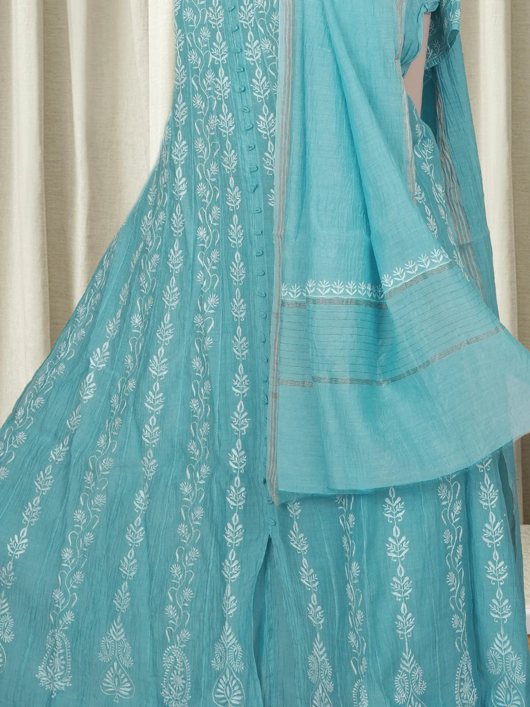 Ada Hand Embroidered Steel Blue Chanderi Lucknowi Chikankari Semi-Stitched Anarkali Kurta Dupatta Set 01A618284