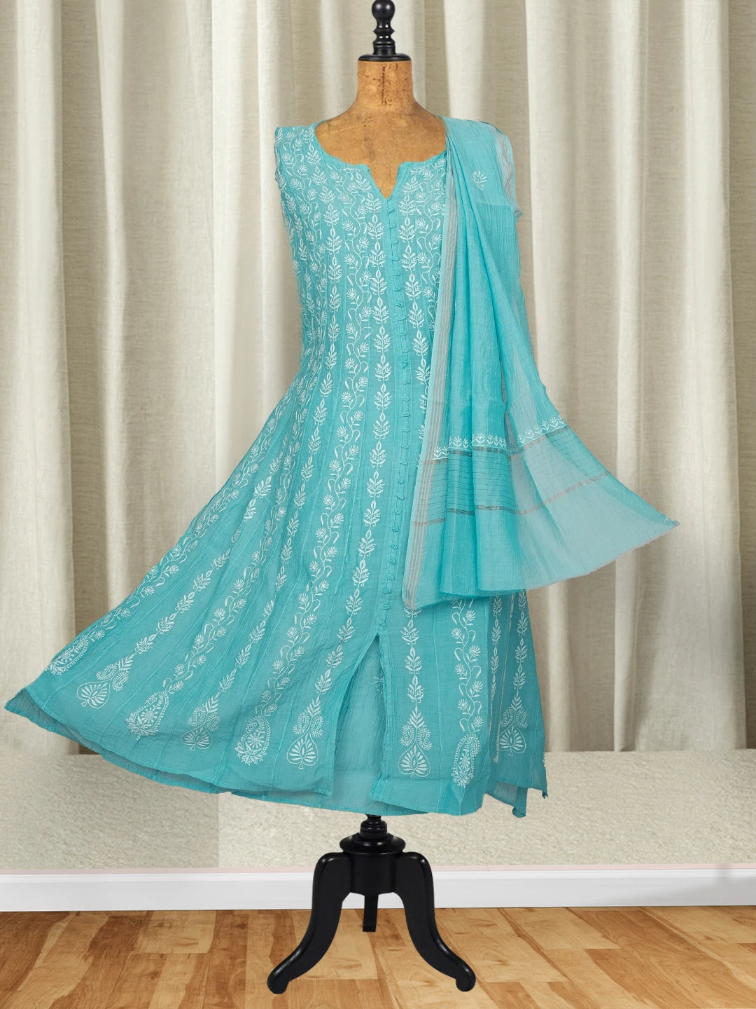 Ada Hand Embroidered Steel Blue Chanderi Lucknowi Chikankari Semi-Stitched Anarkali Kurta Dupatta Set 01A618284