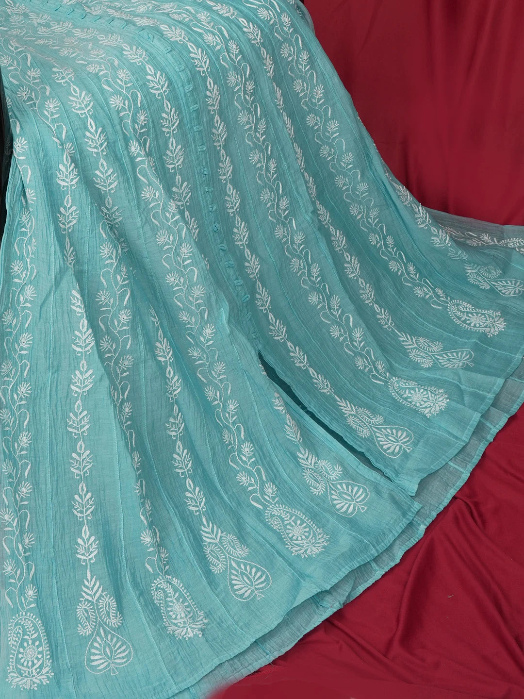 Ada Hand Embroidered Steel Blue Chanderi Lucknowi Chikankari Semi-Stitched Anarkali Kurta Dupatta Set 01A618284