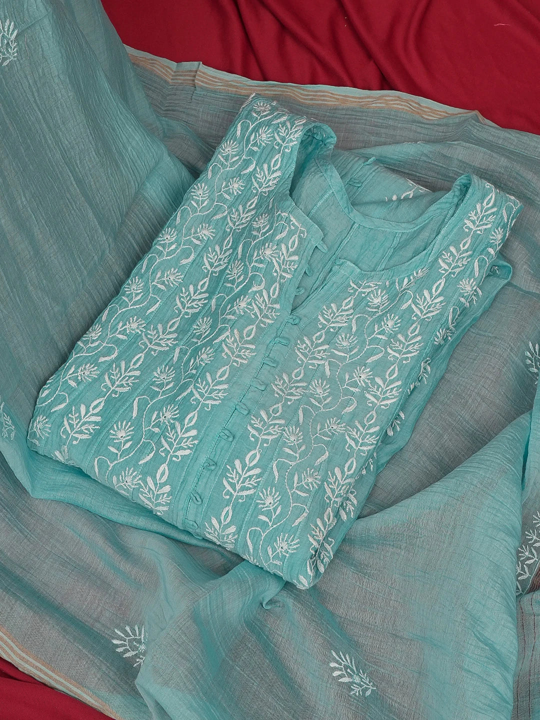 Ada Hand Embroidered Steel Blue Chanderi Lucknowi Chikankari Semi-Stitched Anarkali Kurta Dupatta Set 01A618284