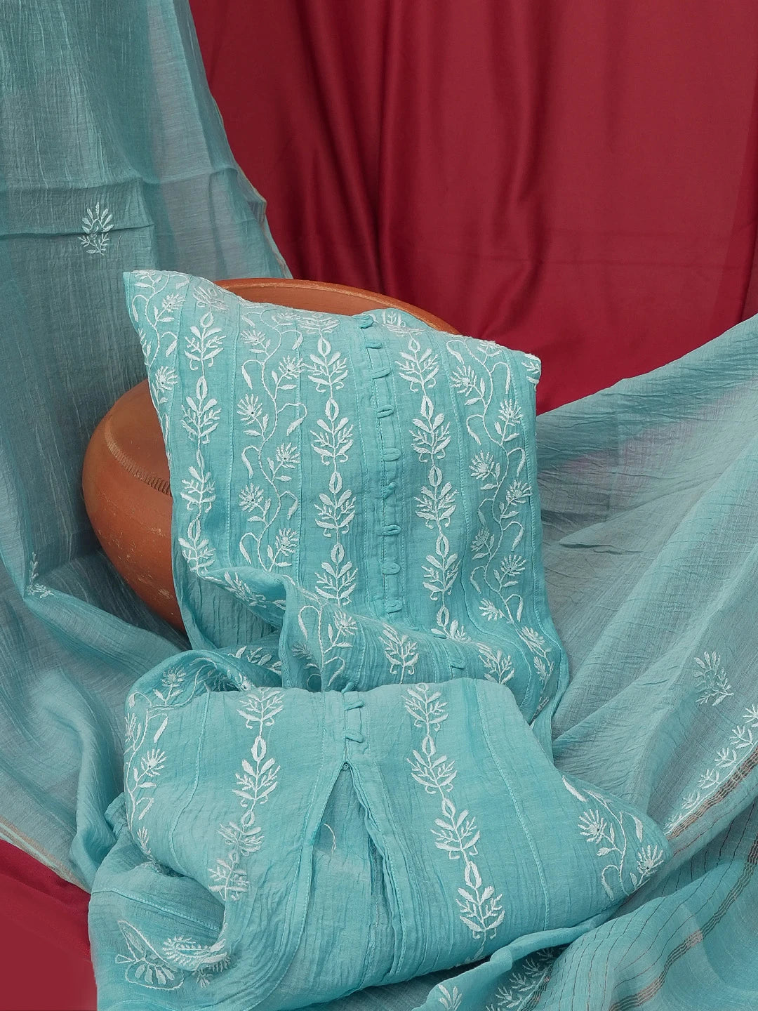 Ada Hand Embroidered Steel Blue Chanderi Lucknowi Chikankari Semi-Stitched Anarkali Kurta Dupatta Set 01A618284