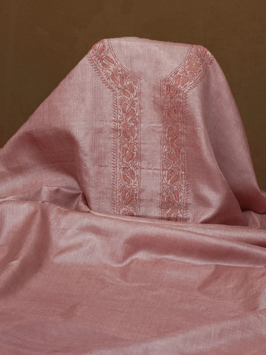 Ada Hand Embroidered Dusty Peach Silk Lucknowi Chikankari Men's Kurta Piece 01A627029
